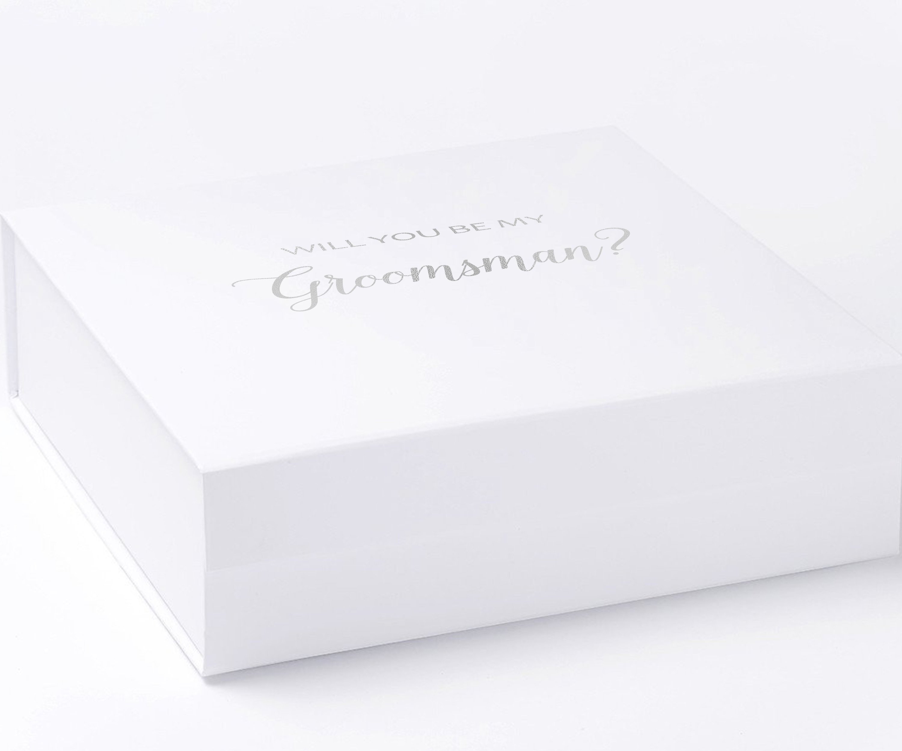 Elegant white groomsman proposal box with metallic writing on the lid, showcasing a clean design without borders or ribbons.