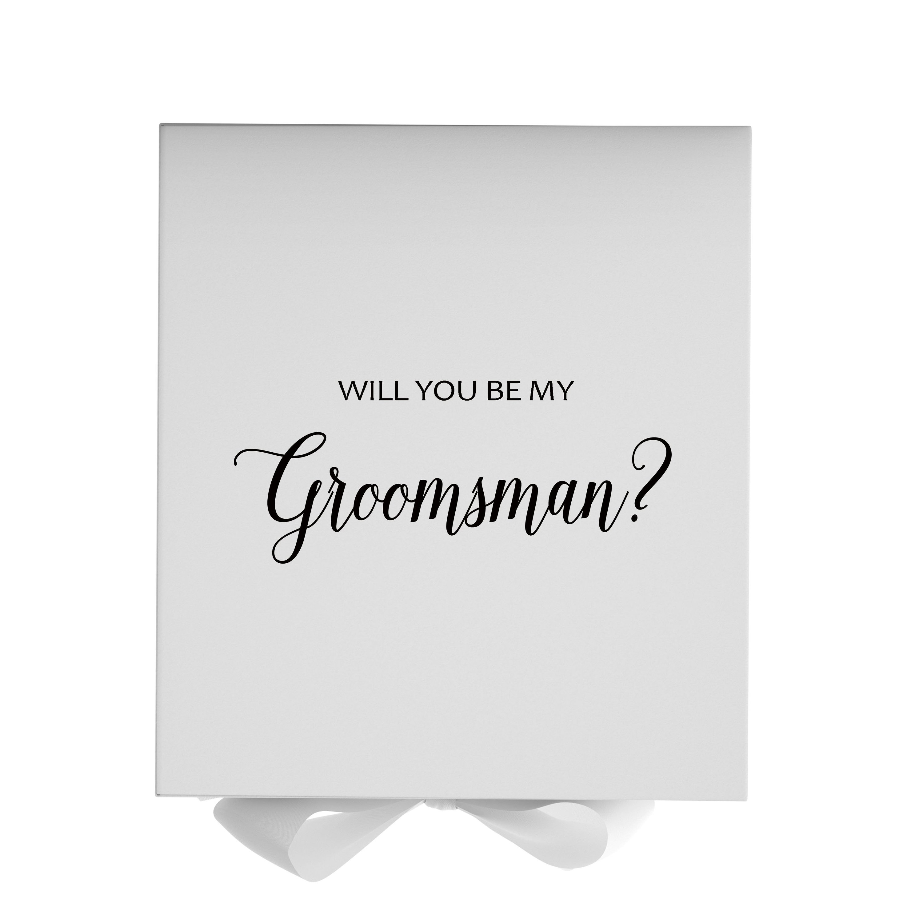 Elegant white groomsman proposal box with metallic writing and a white bow, showcasing its luxurious design.