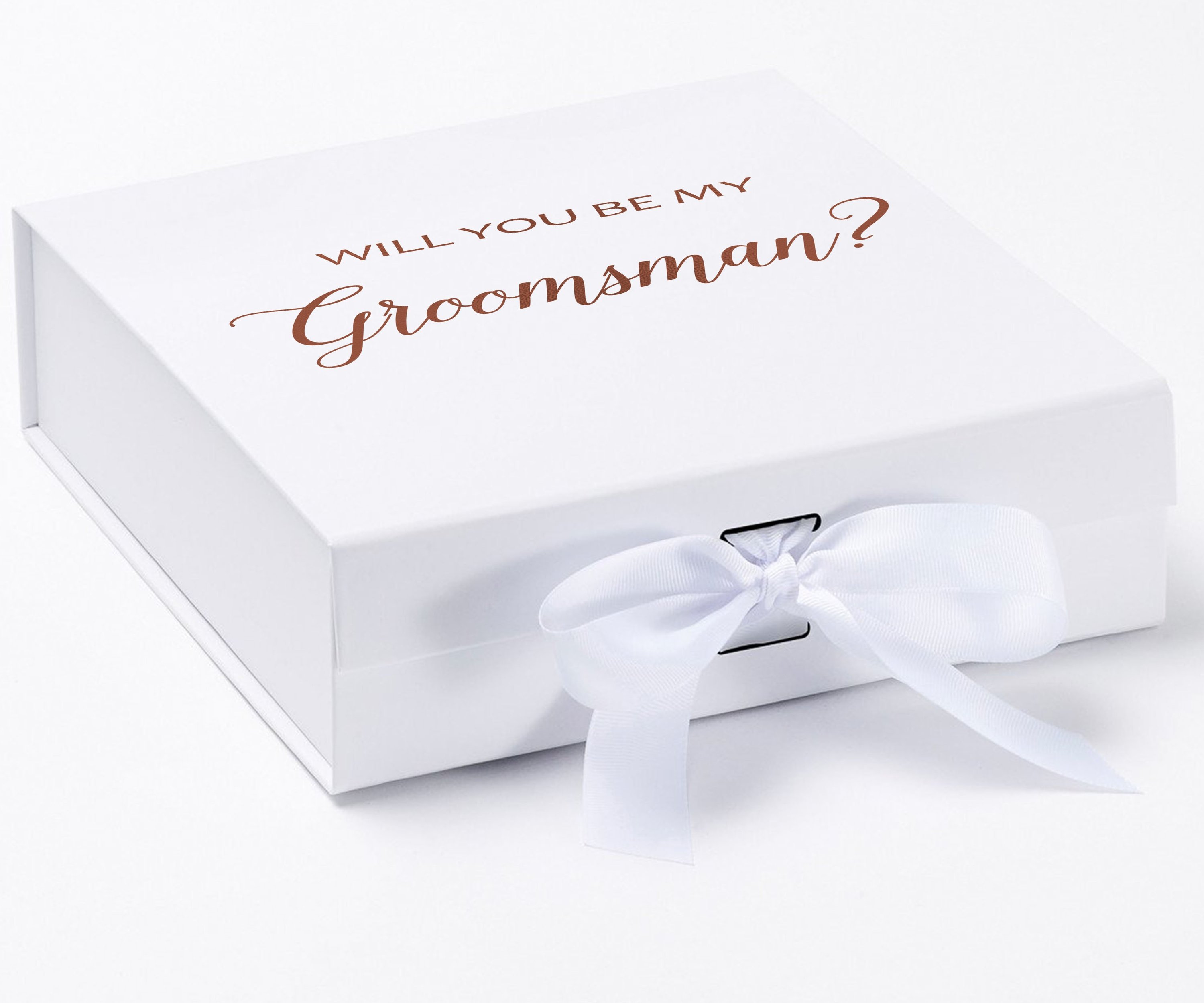 Elegant white groomsman proposal box with metallic writing and a white bow, showcasing its luxurious design.