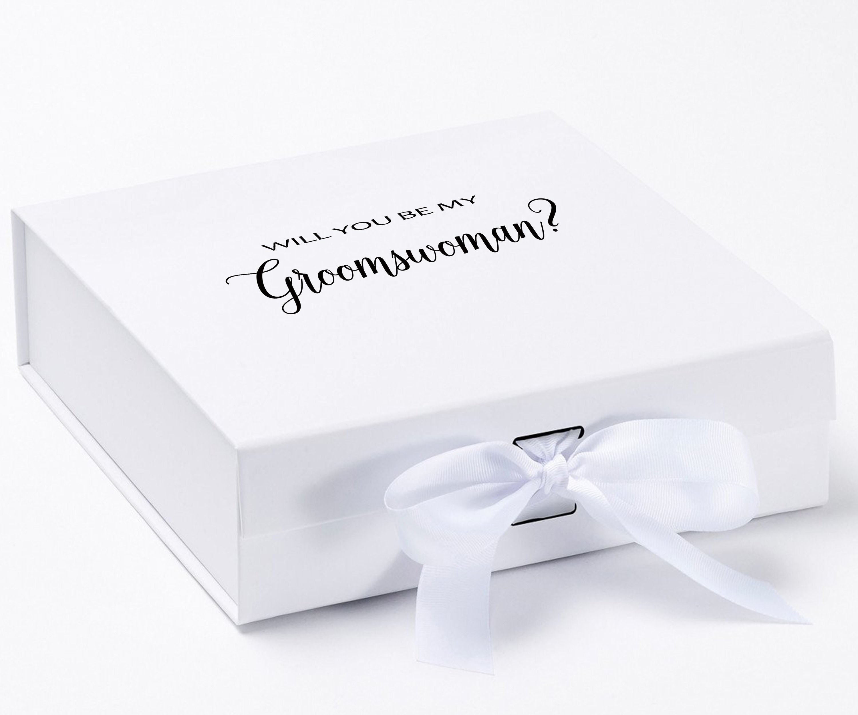 Elegant white groomsman proposal box with metallic writing and a white bow, showcasing its luxurious design.