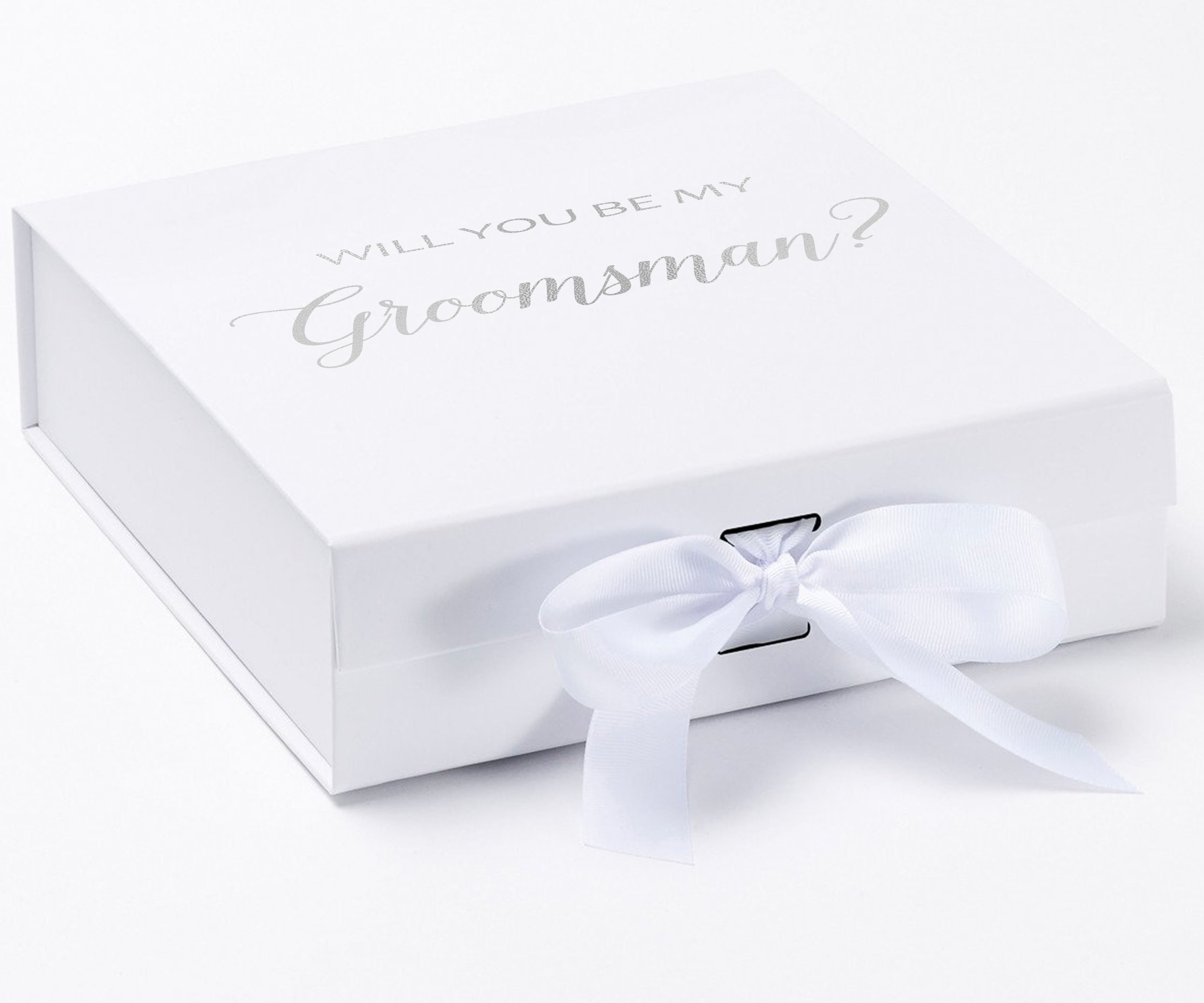 Elegant white groomsman proposal box with metallic writing and a white bow, showcasing its luxurious design.