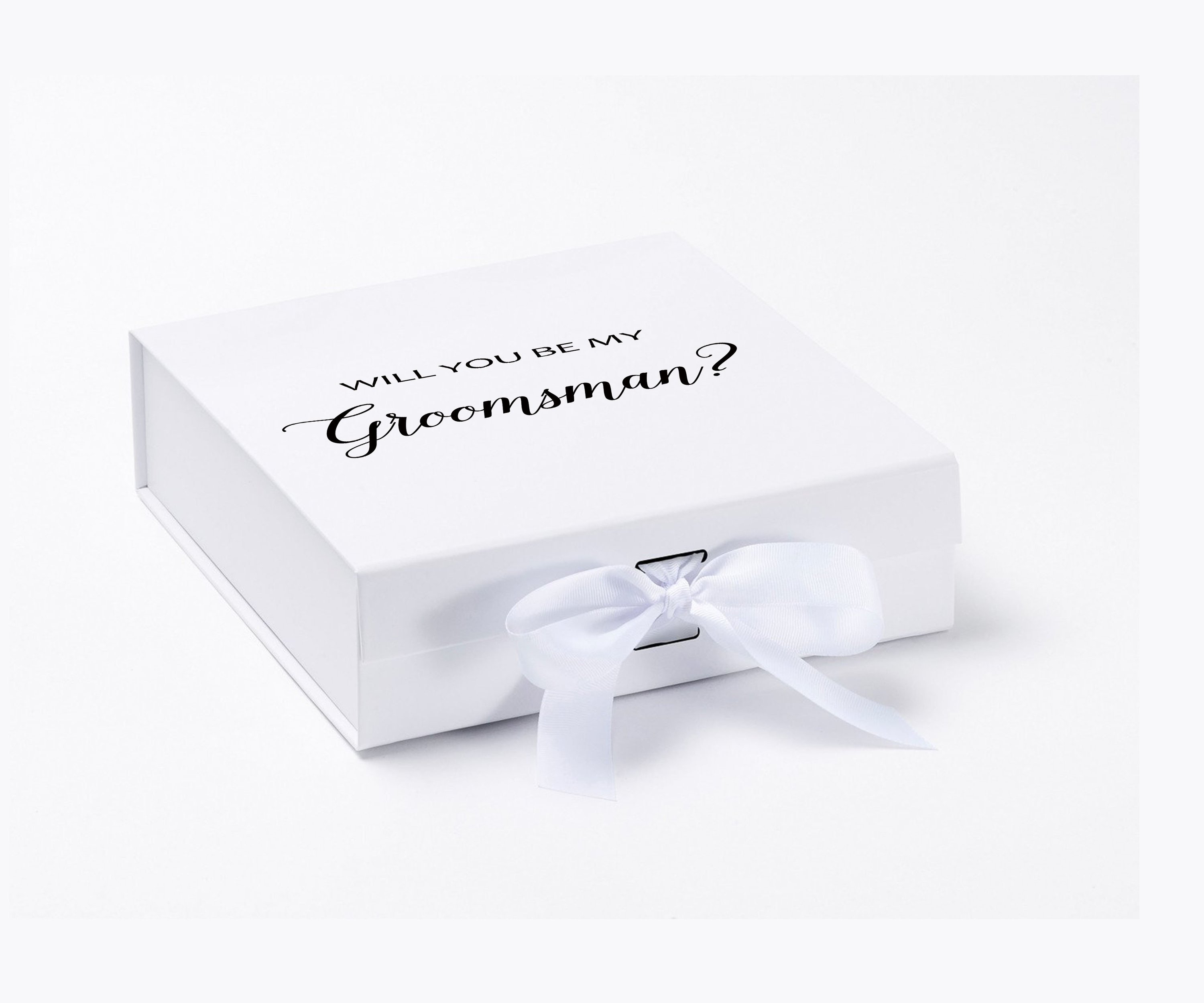 Elegant white groomsman proposal box with metallic writing and a white bow, showcasing its luxurious design.