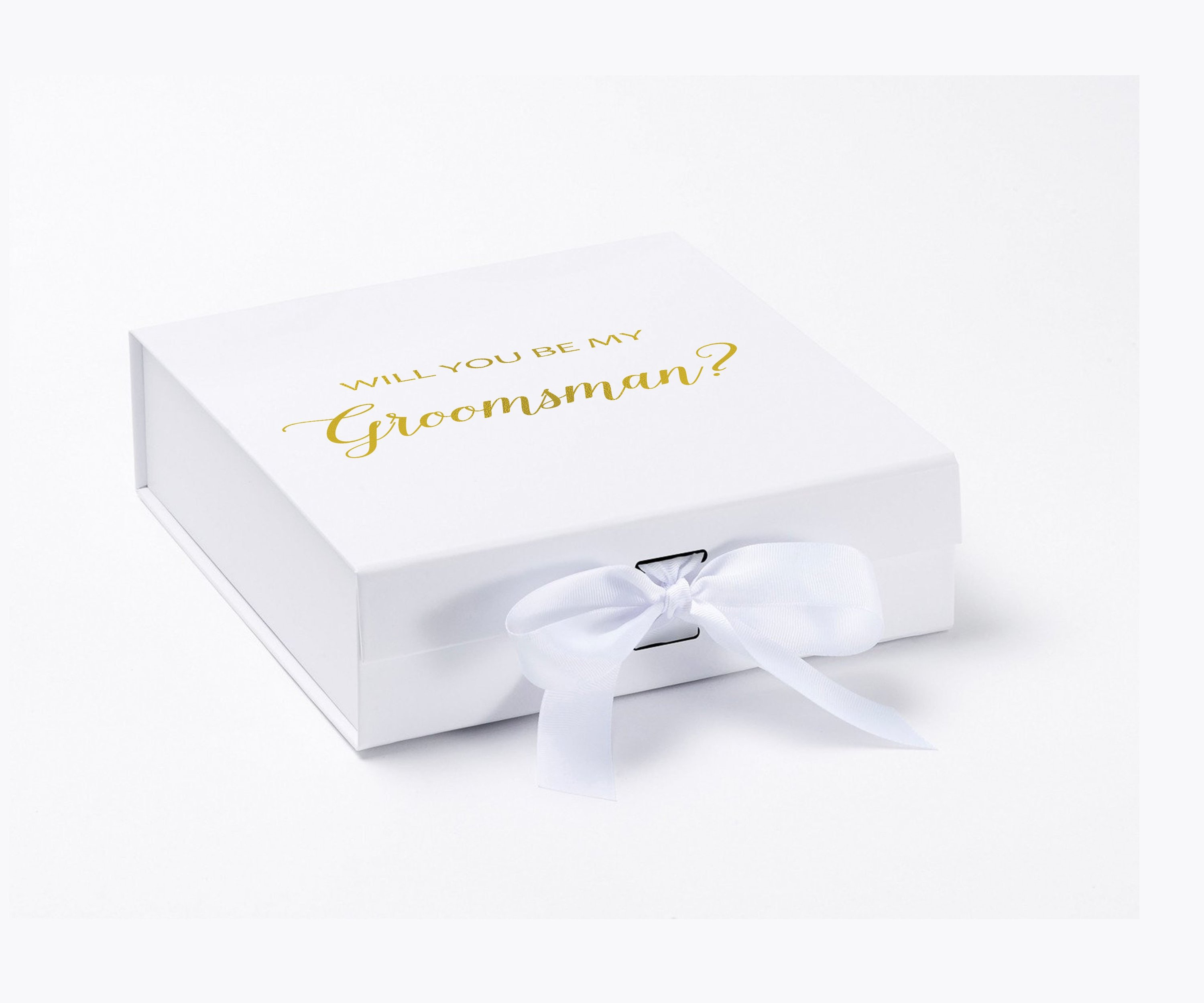 Elegant white groomsman proposal box with metallic writing and a white bow, showcasing its luxurious design.