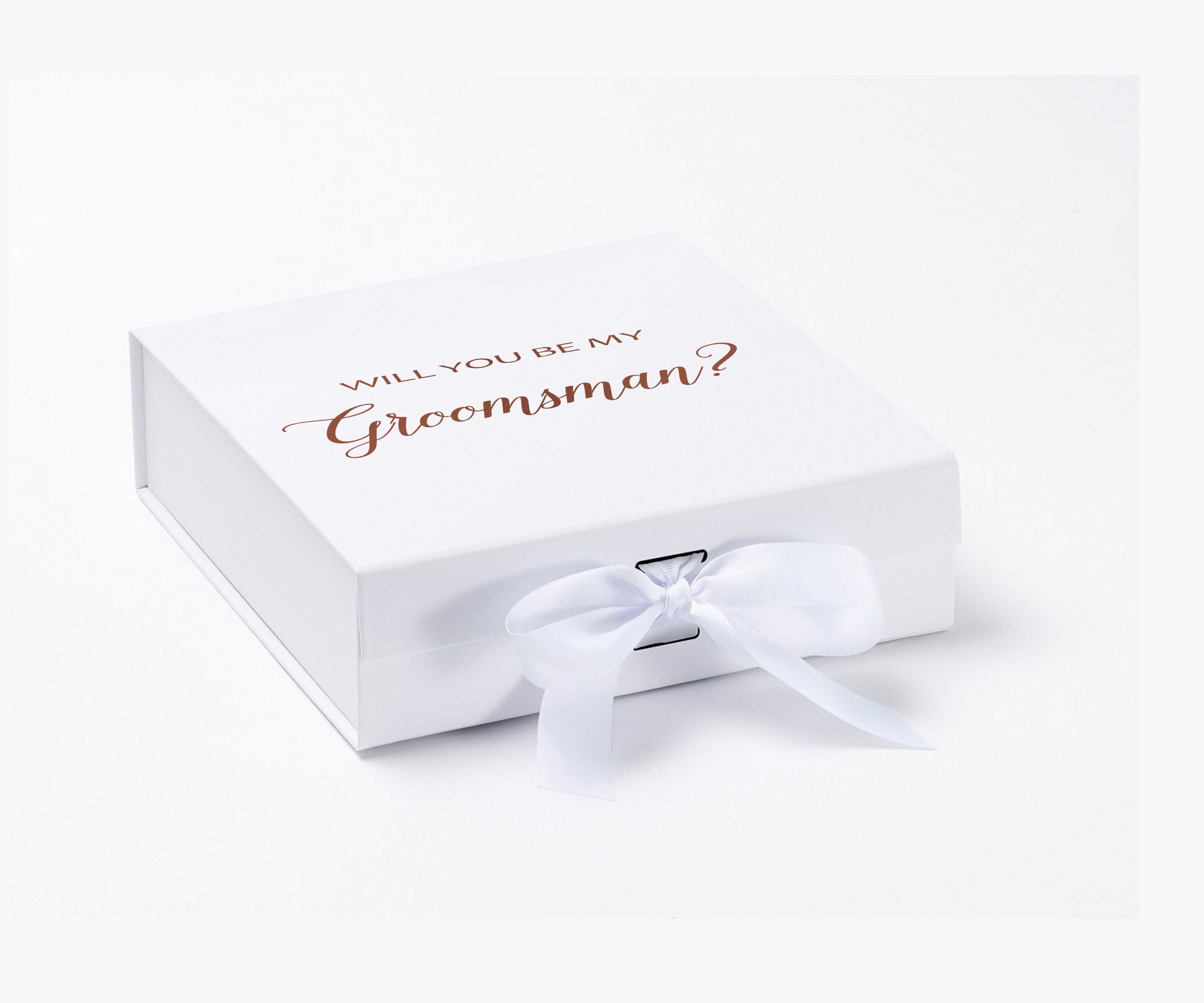 Elegant white groomsman proposal box with metallic writing and a white bow, showcasing its luxurious design.