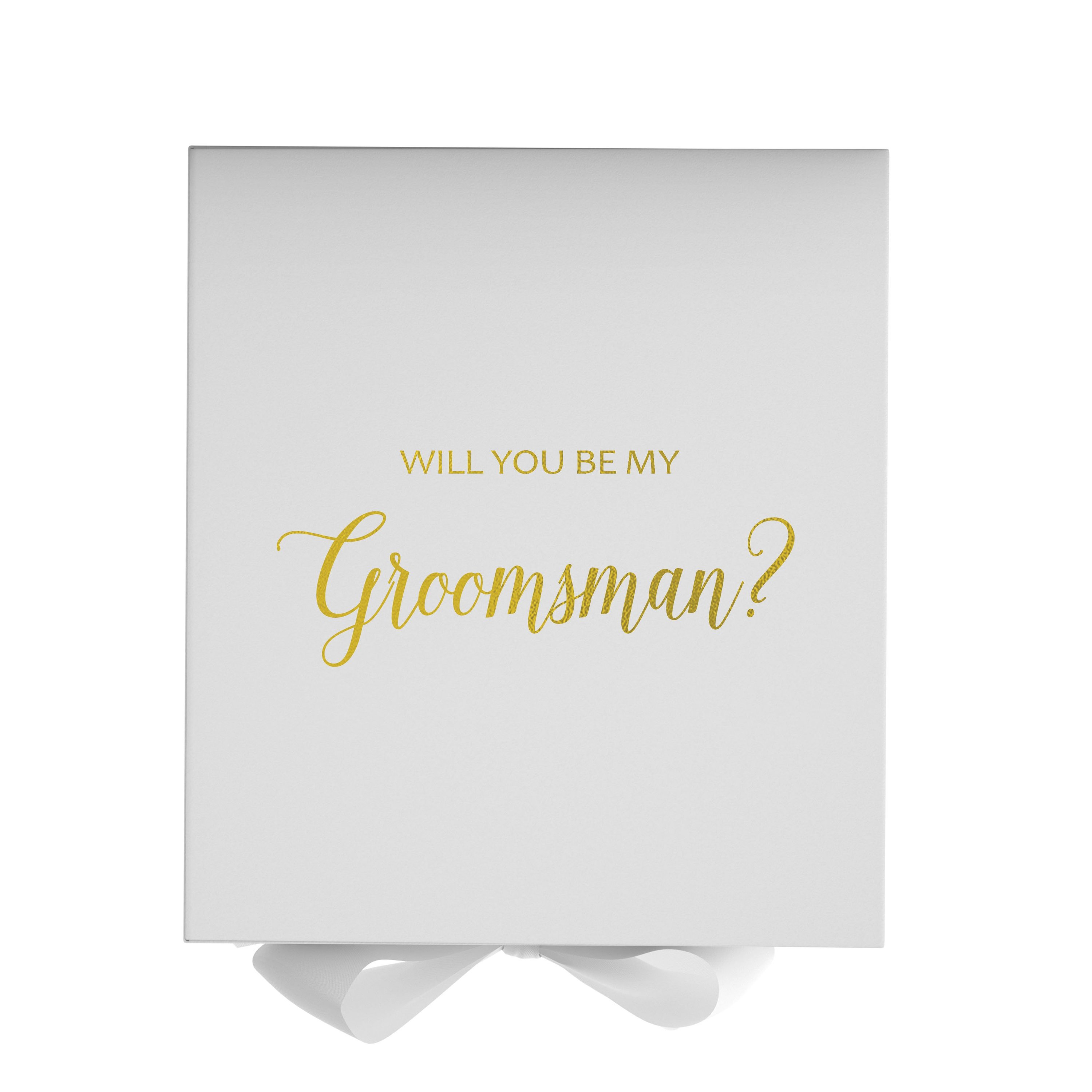 Elegant white groomsman proposal box with metallic writing and a white bow, showcasing its luxurious design.