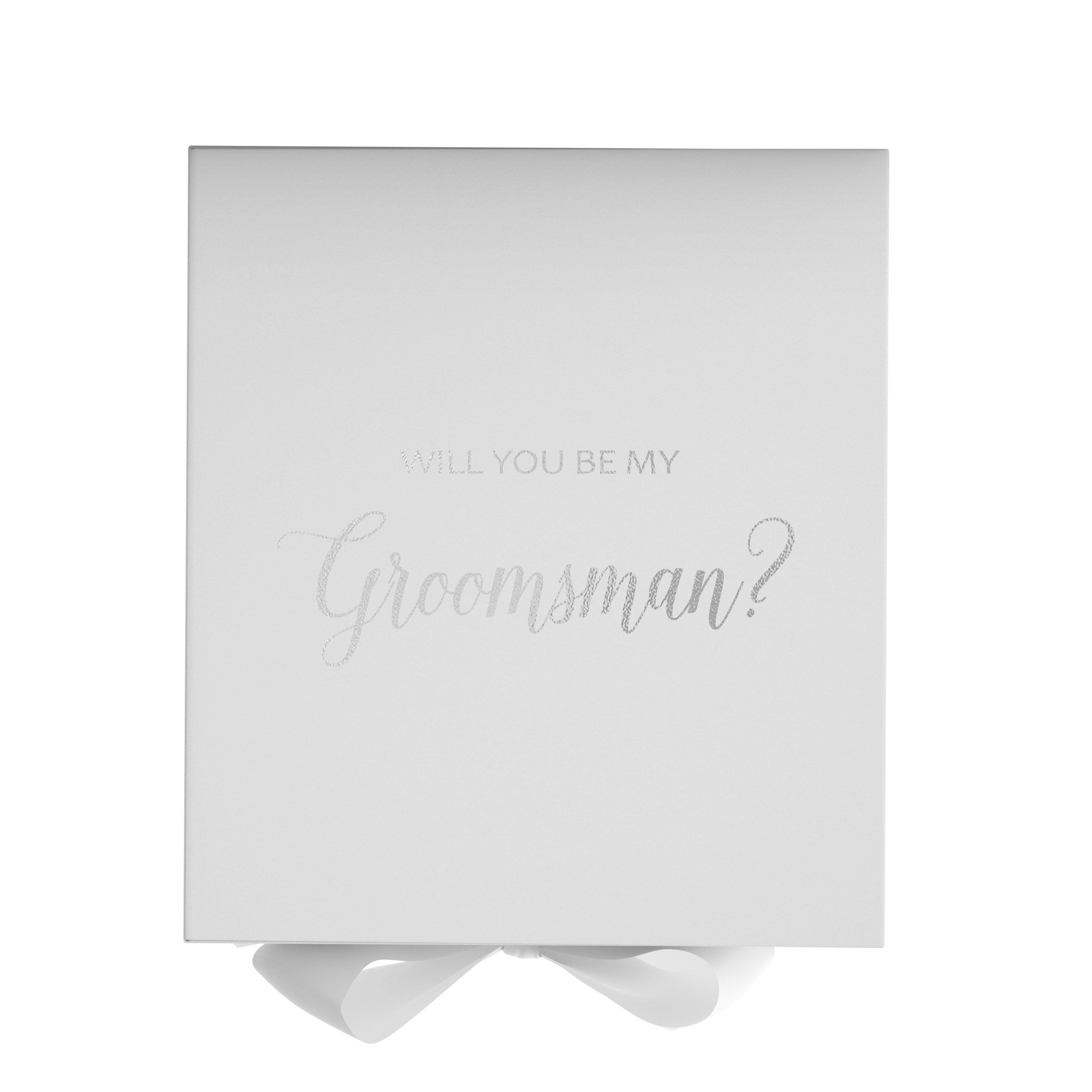 Elegant white groomsman proposal box with metallic writing and a white bow, showcasing its luxurious design.