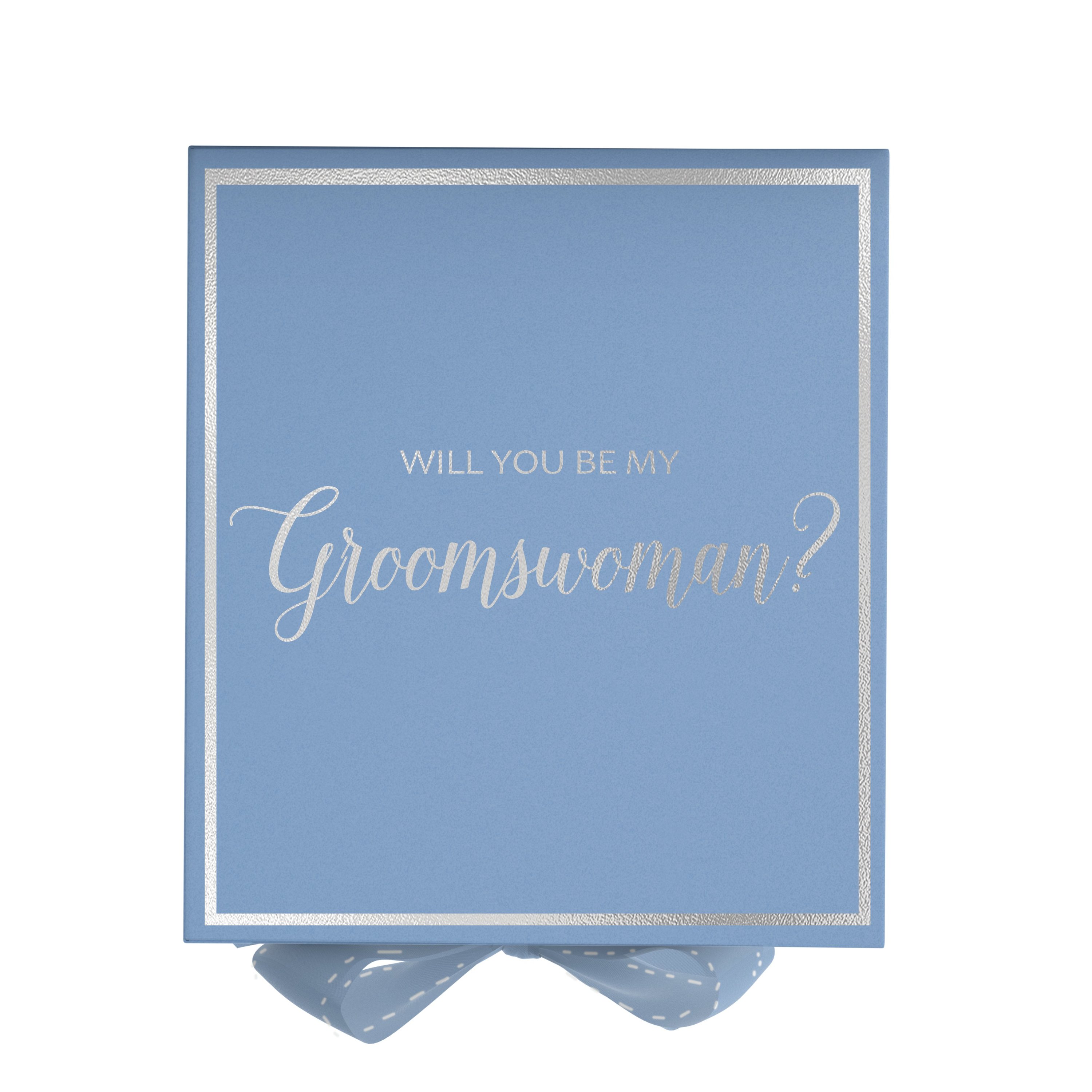 Light blue groomswoman proposal box with metallic writing and a matching bow, showcasing its elegant design.