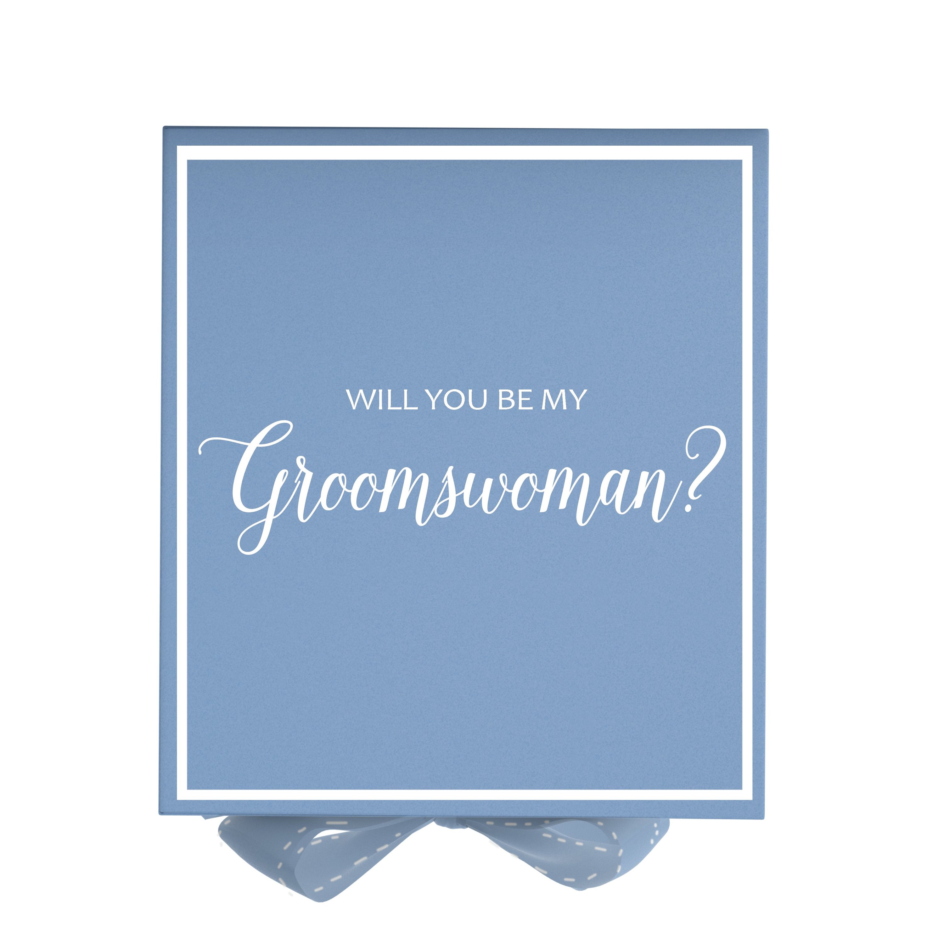 Light blue groomswoman proposal box with metallic writing and a matching bow, showcasing its elegant design.