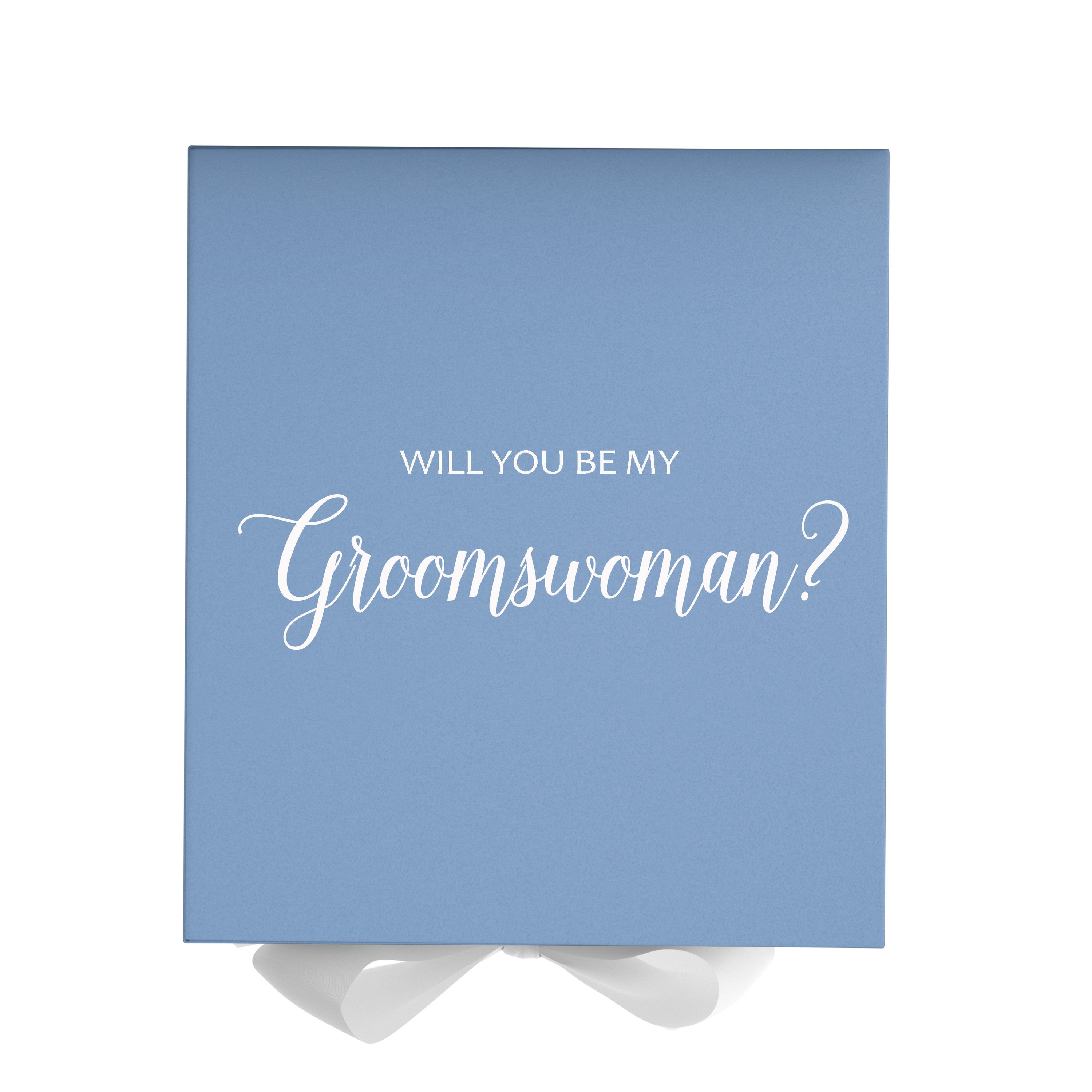 Light blue proposal box with white bow and metallic writing, showcasing elegant design for groomswoman proposal.