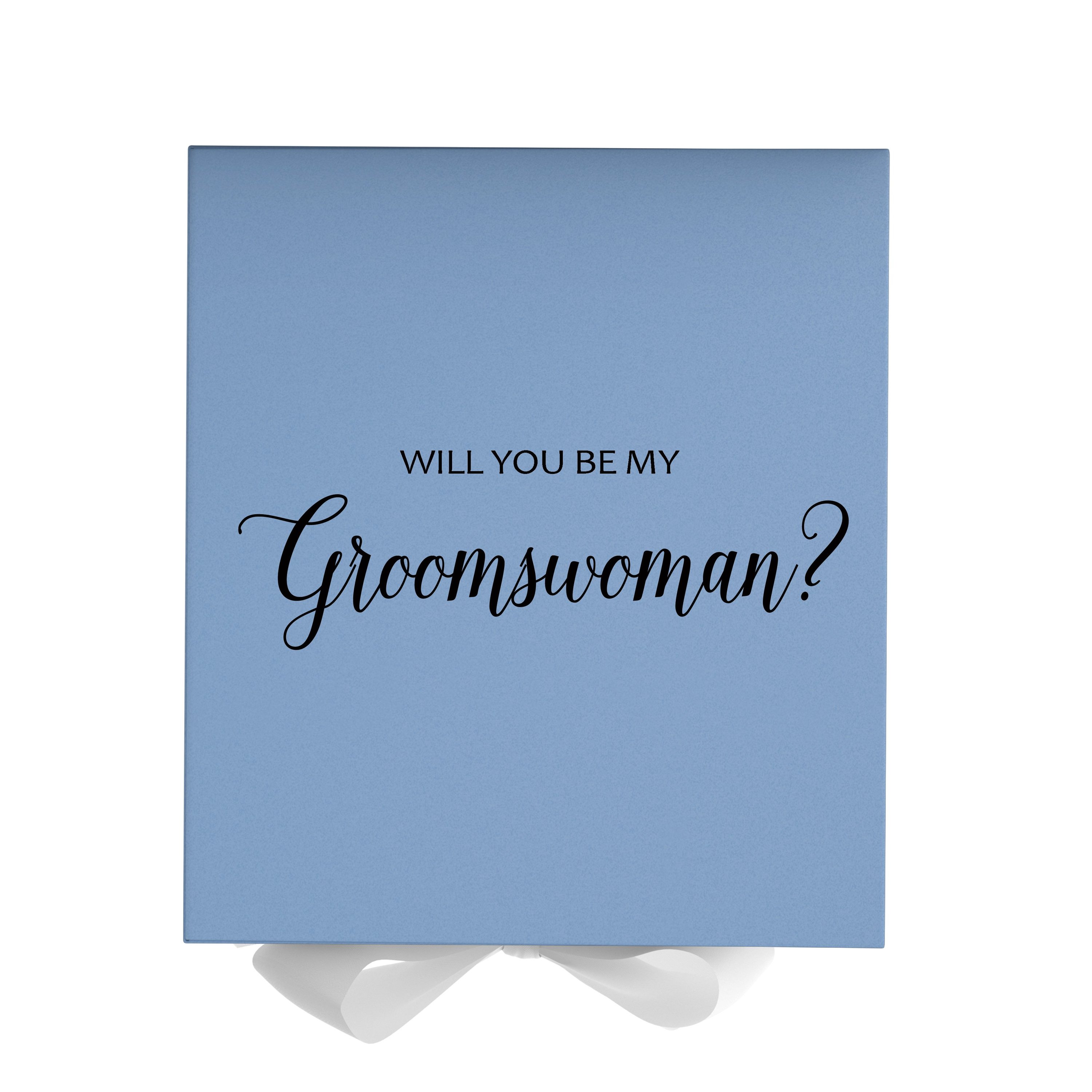 Light blue proposal box with white bow and metallic writing, showcasing elegant design for groomswoman proposal.