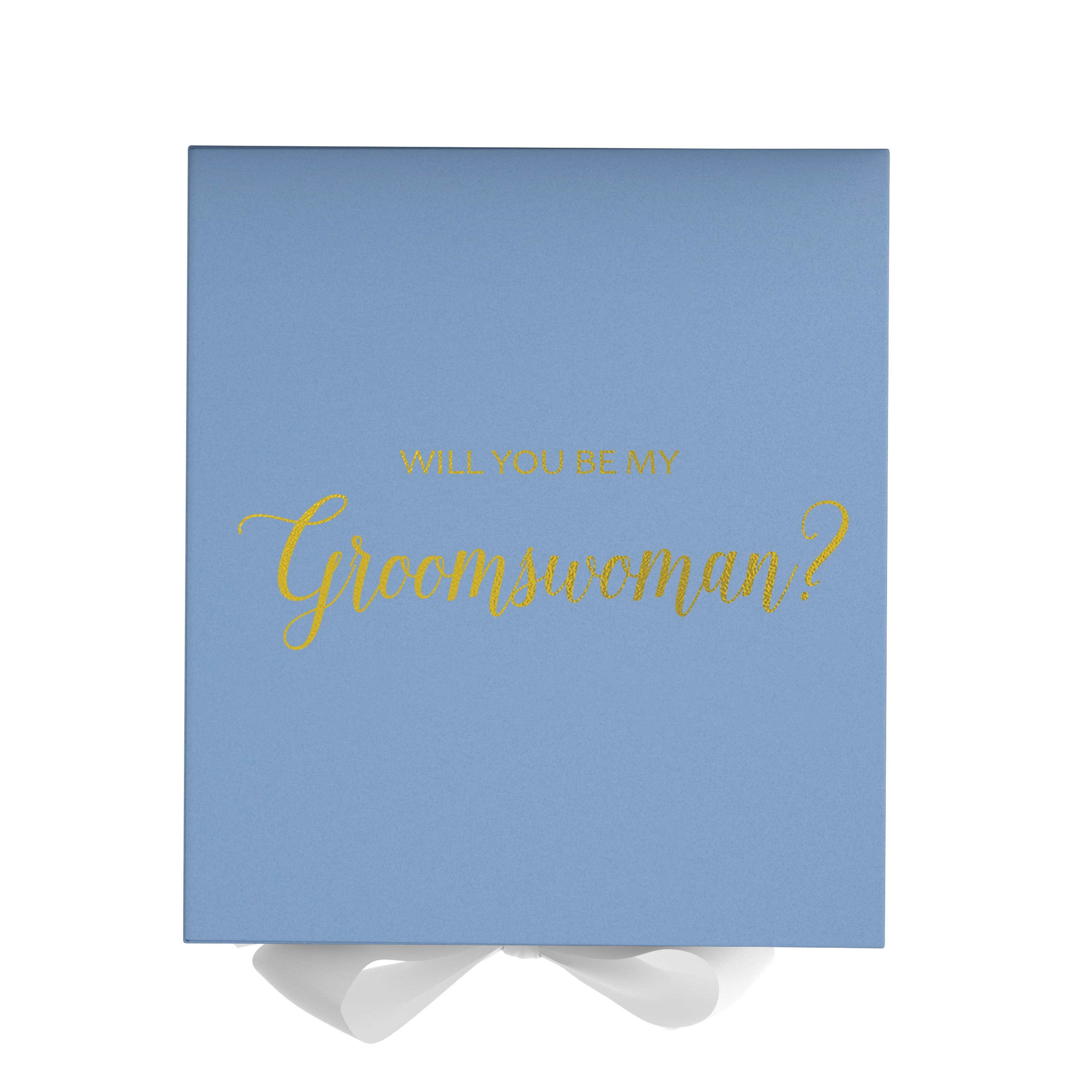 Light blue proposal box with white bow and metallic writing, showcasing elegant design for groomswoman proposal.