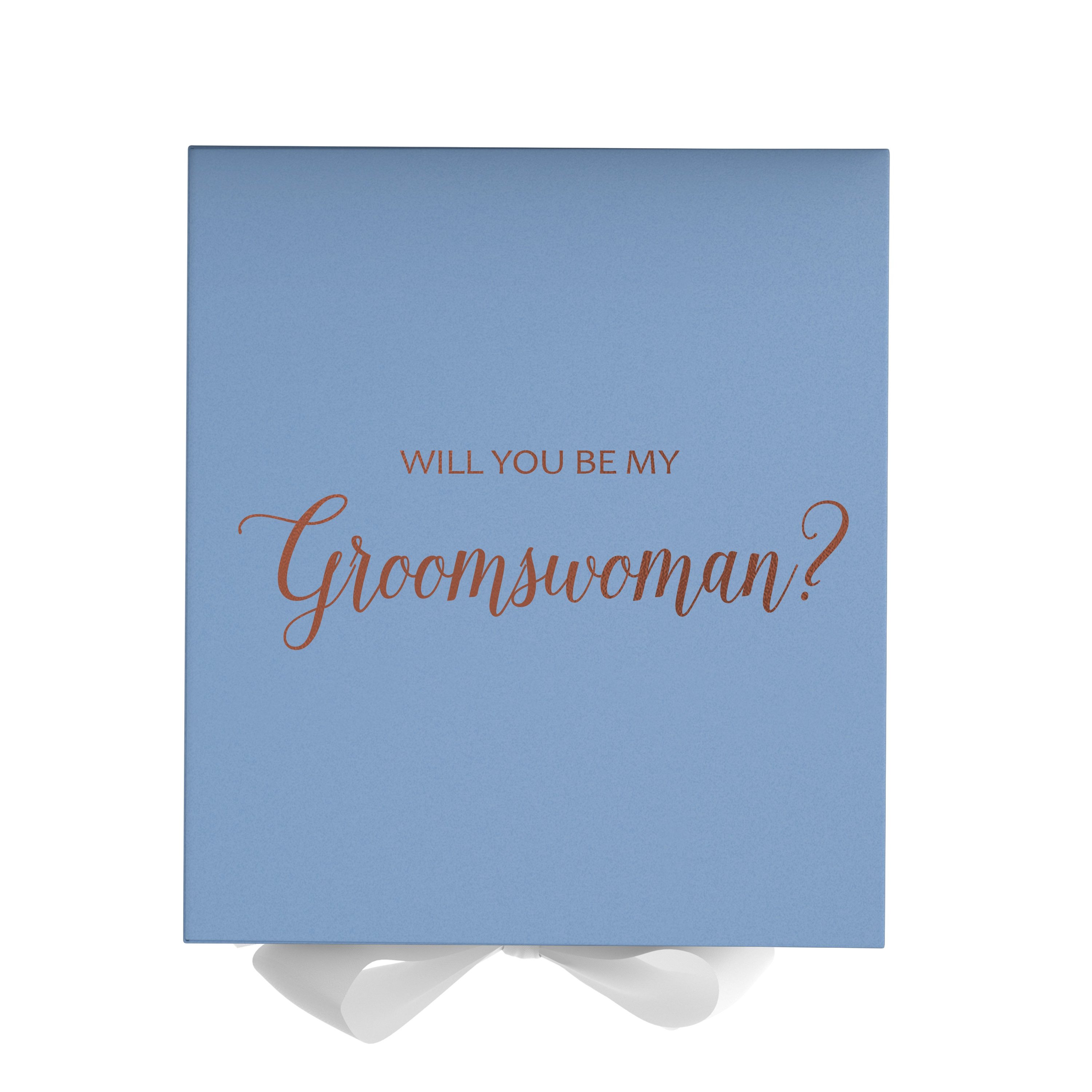 Light blue proposal box with white bow and metallic writing, showcasing elegant design for groomswoman proposal.