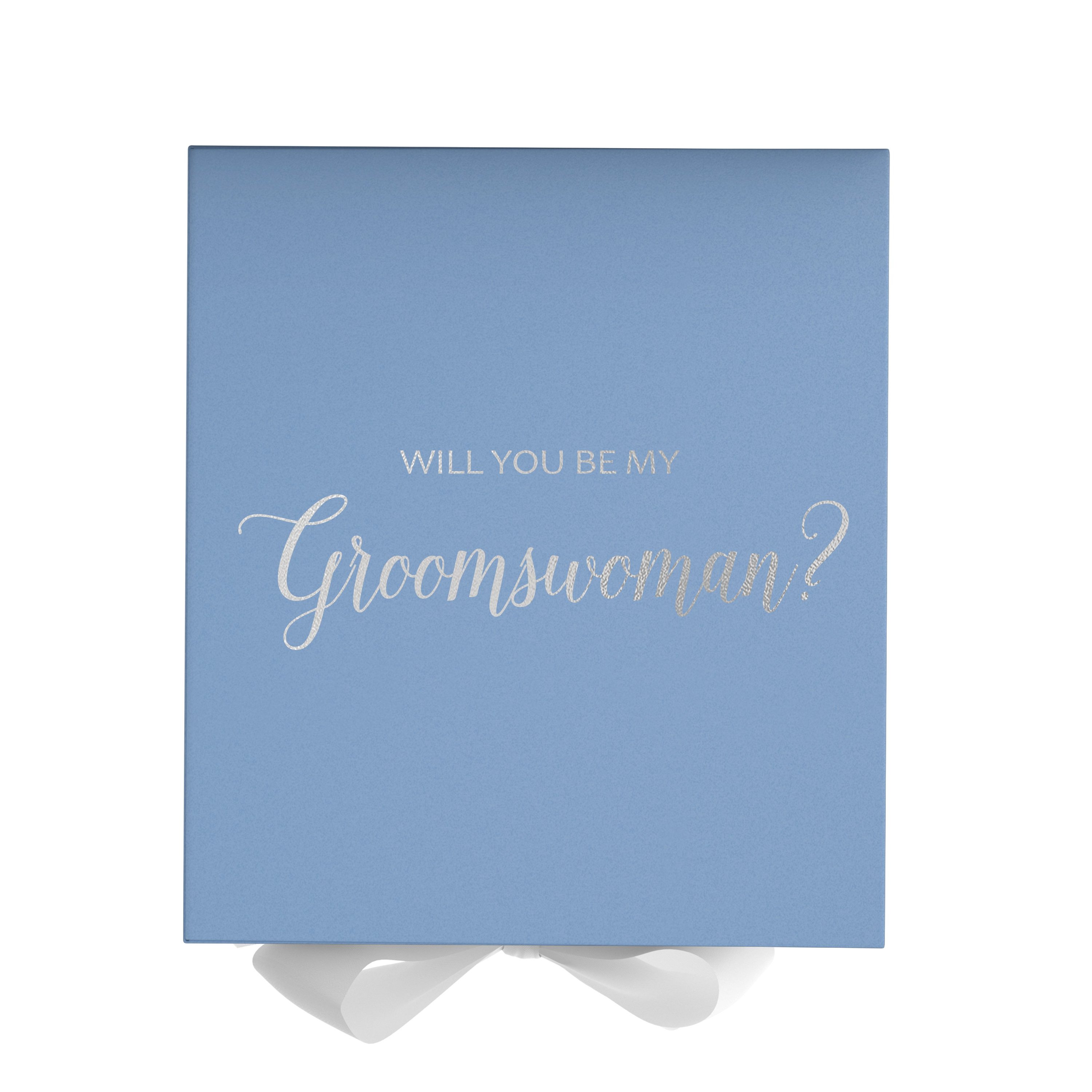 Light blue proposal box with white bow and metallic writing, showcasing elegant design for groomswoman proposal.