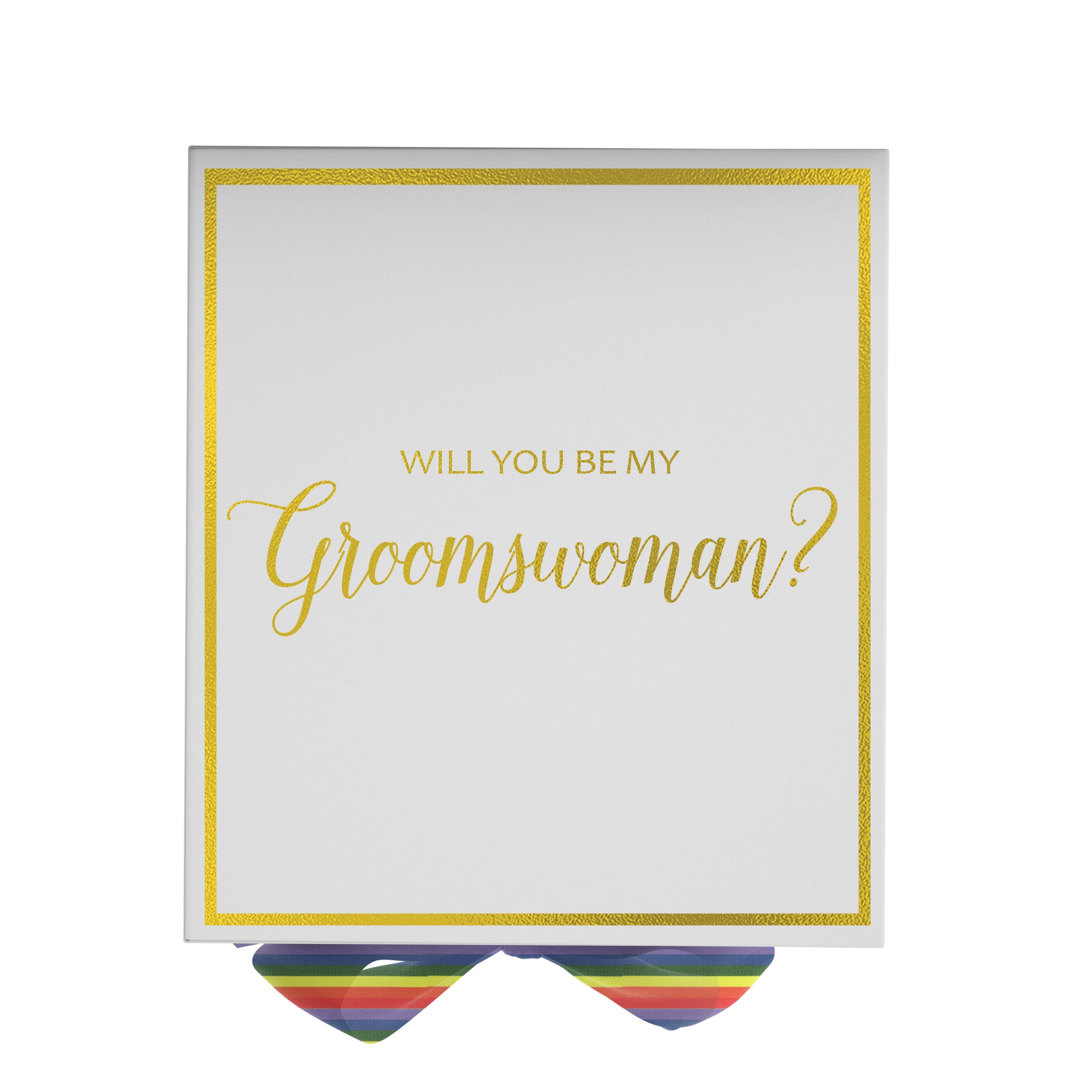 Elegant white proposal box with metallic writing and rainbow bow, perfect for asking your groomswoman.