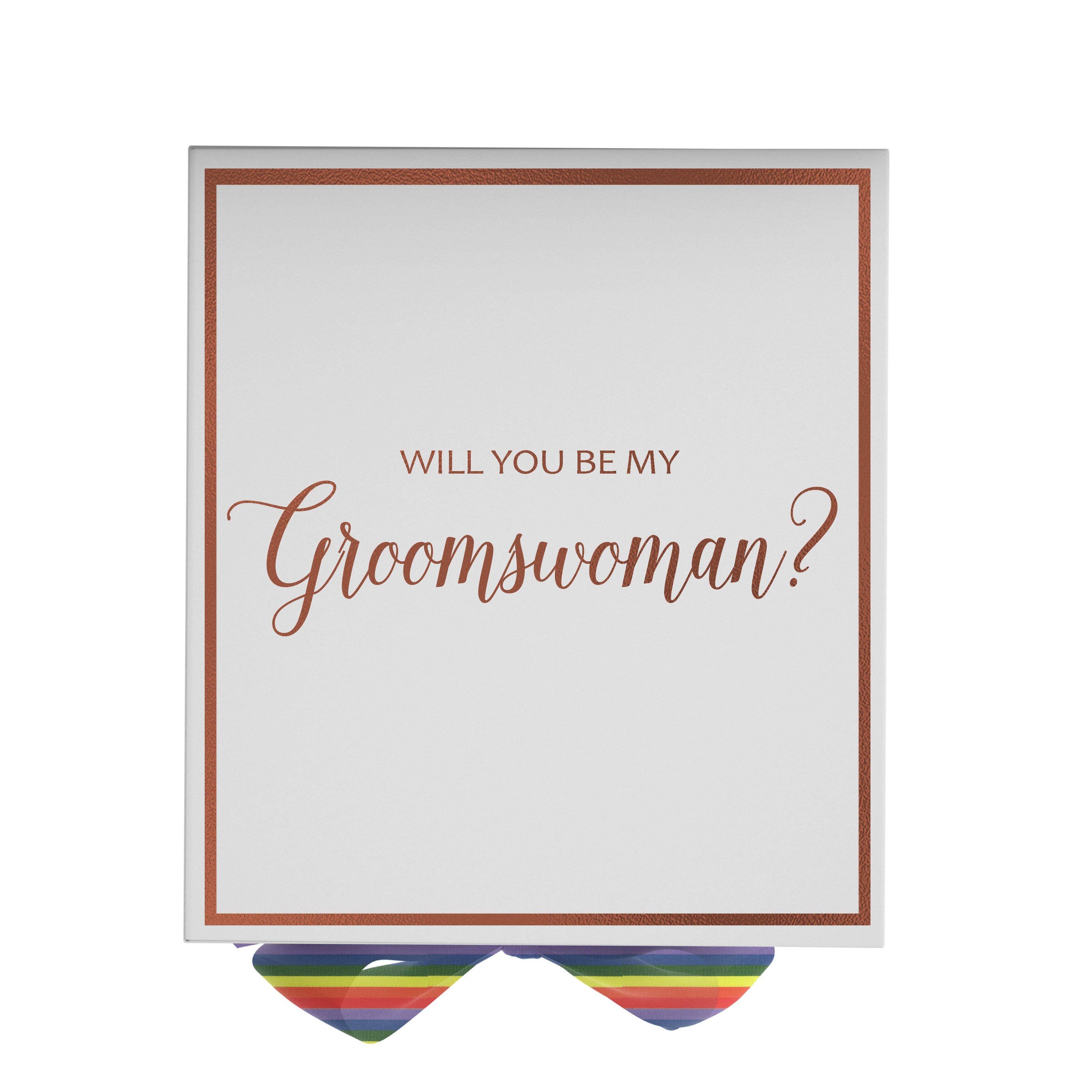 Elegant white proposal box with metallic writing and rainbow bow, perfect for asking your groomswoman.