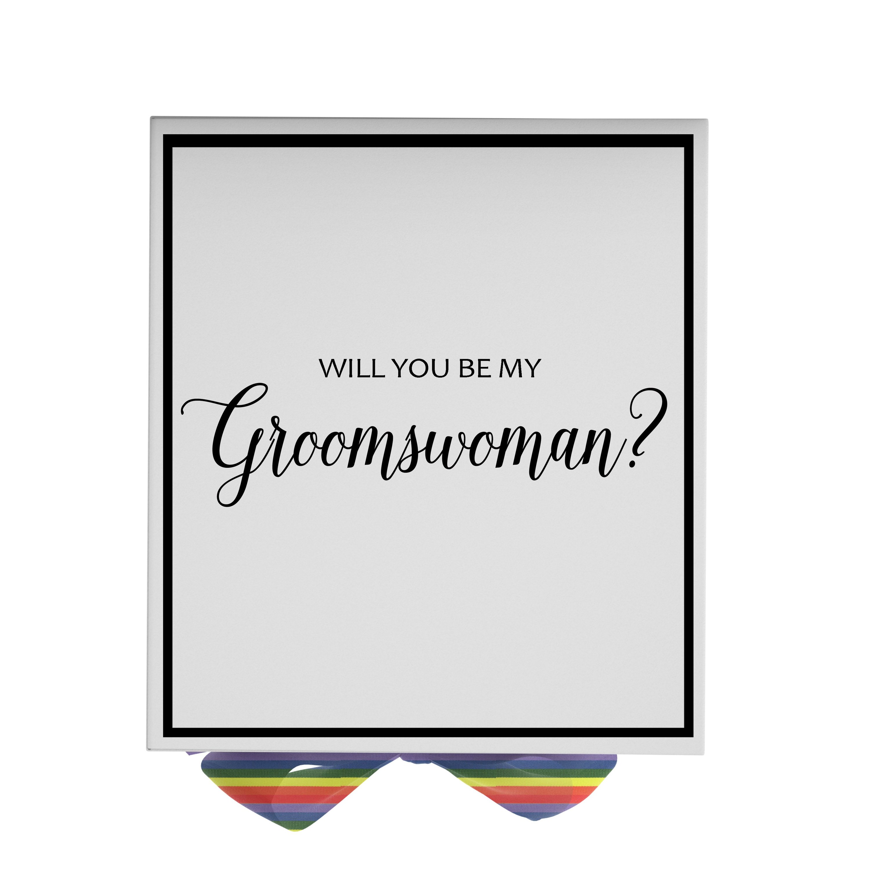 Elegant white proposal box with metallic writing and rainbow bow, perfect for asking your groomswoman.