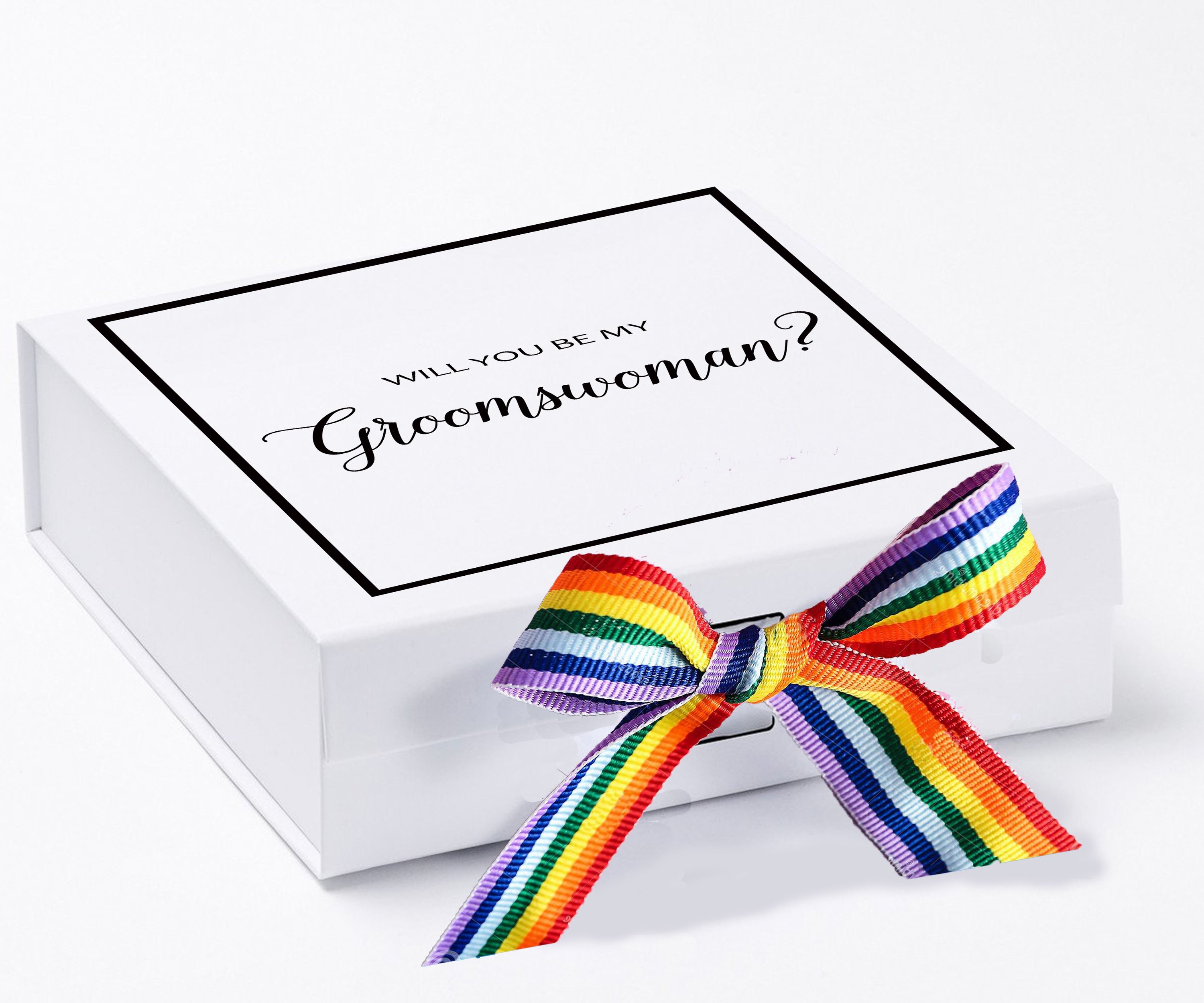 Elegant white proposal box with metallic writing and rainbow bow, perfect for asking your groomswoman.