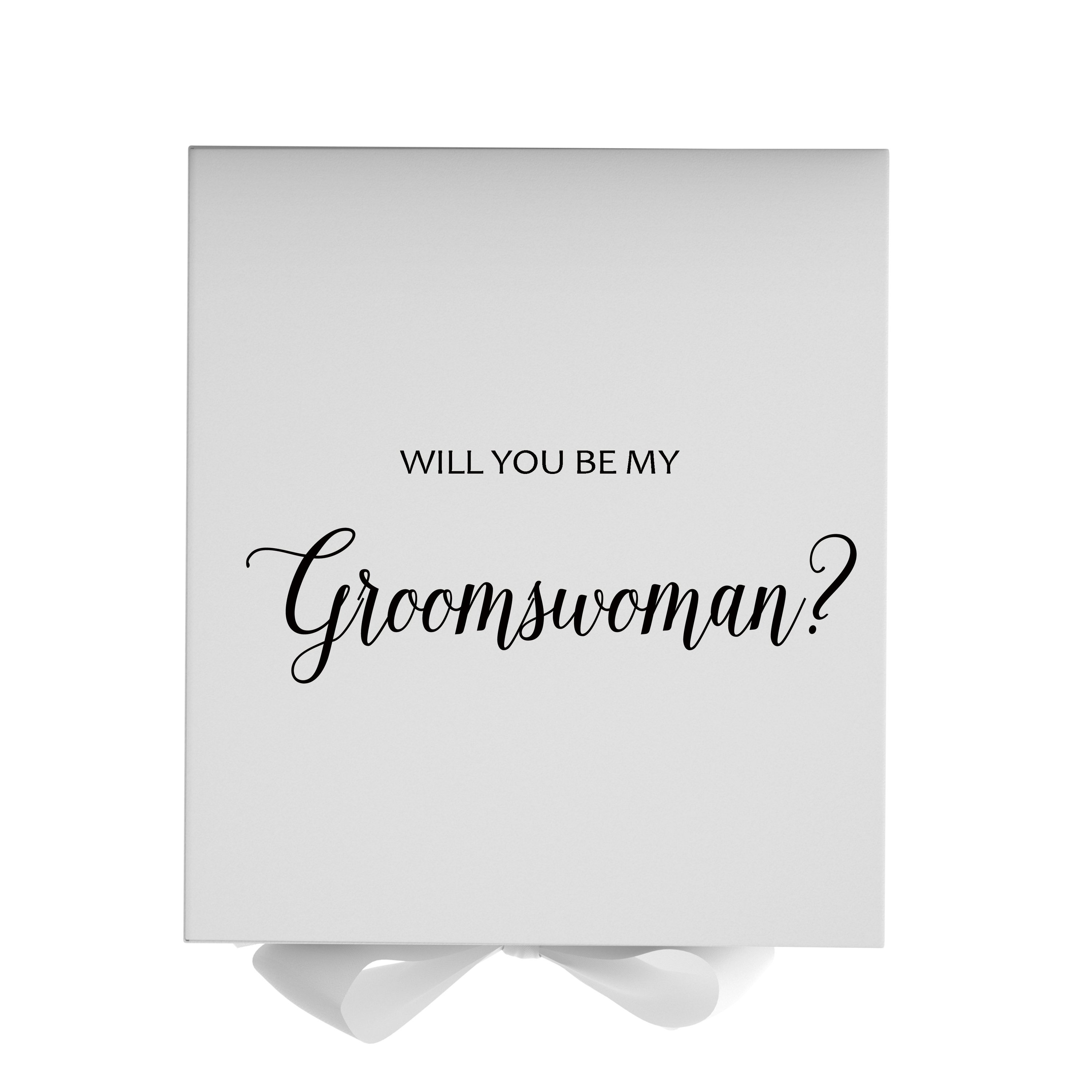 Elegant white proposal box with metallic writing, featuring a white bow and no border design.