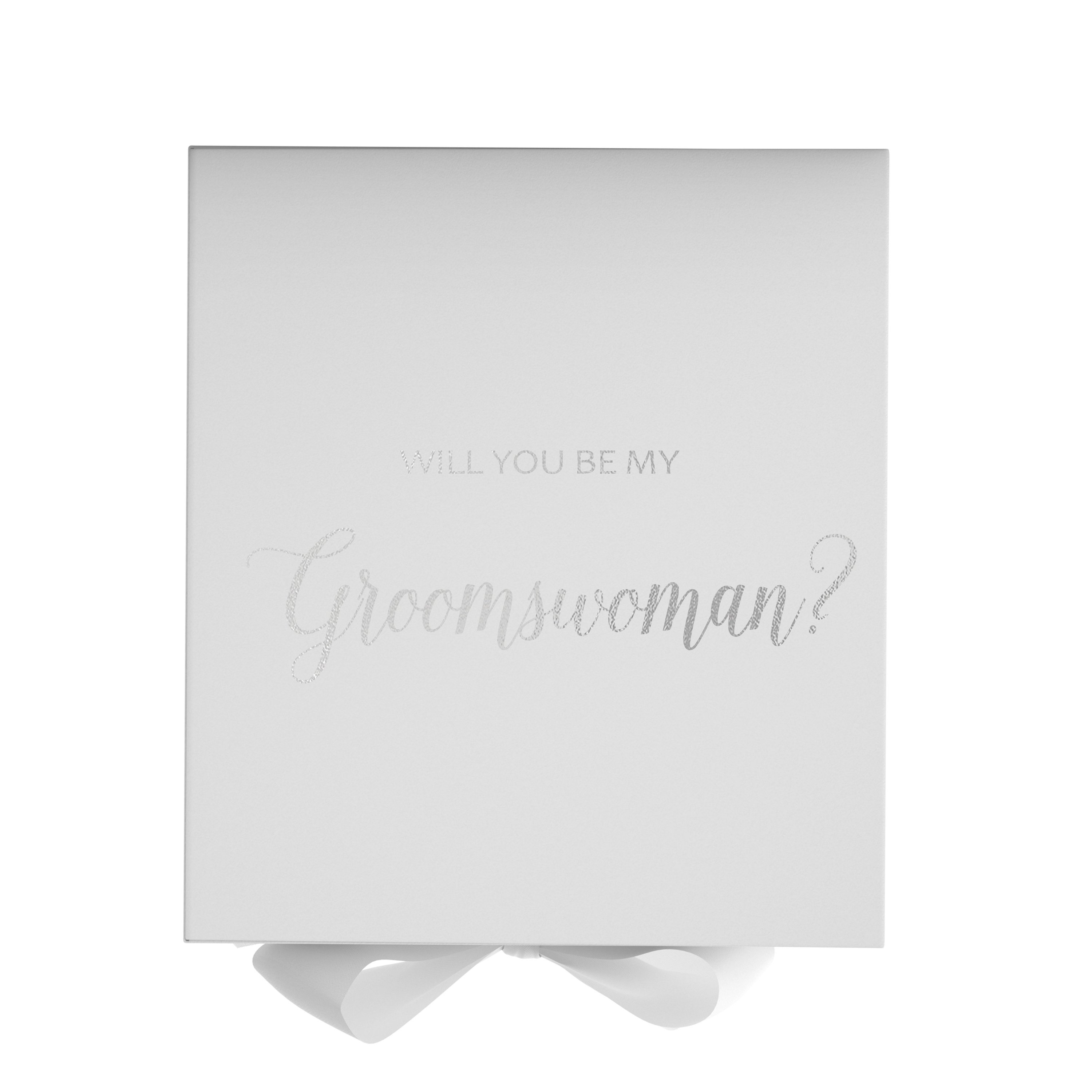 Elegant white proposal box with metallic writing, featuring a white bow and no border design.