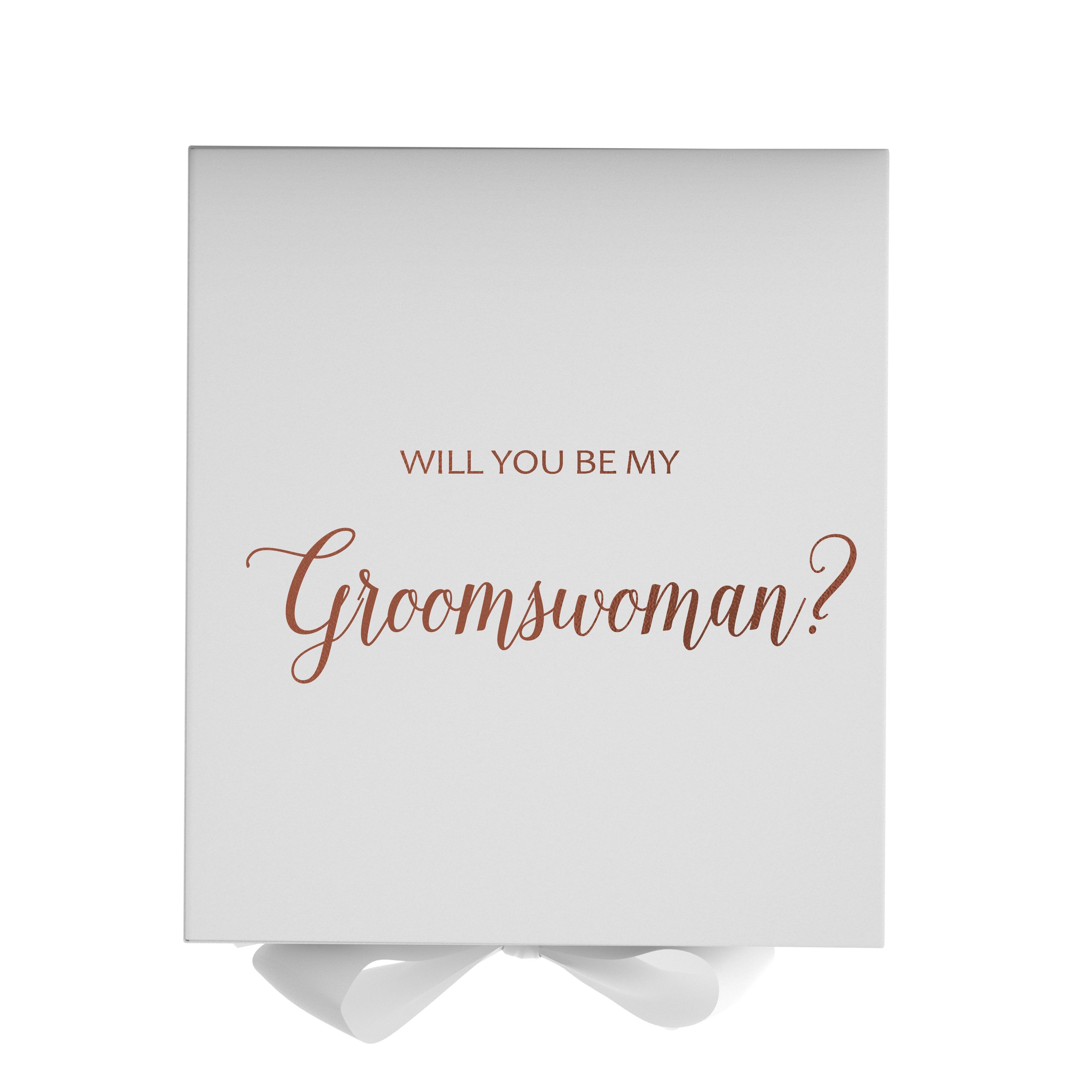 Elegant white proposal box with metallic writing, featuring a white bow and no border design.