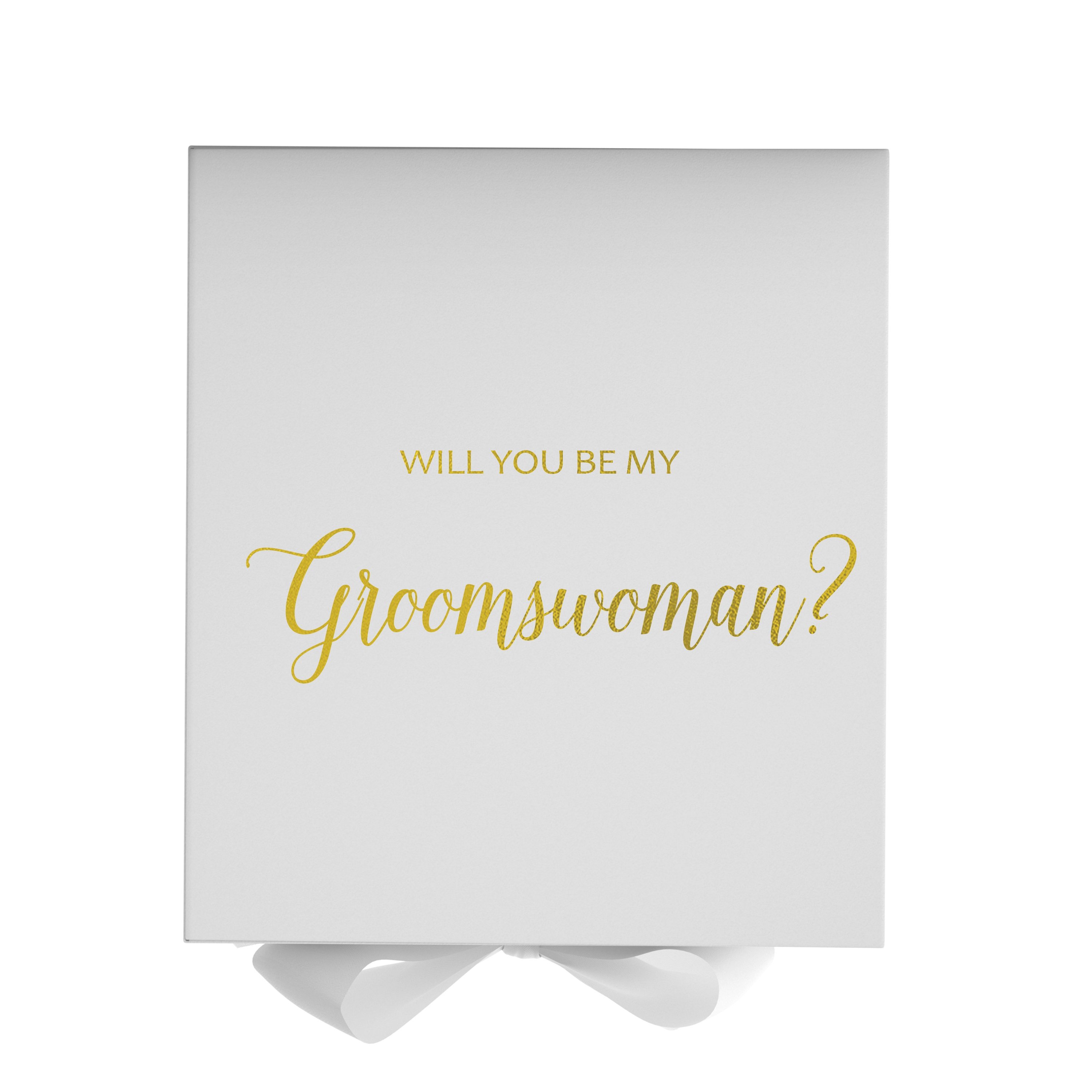 Elegant white proposal box with metallic writing, featuring a white bow and no border design.