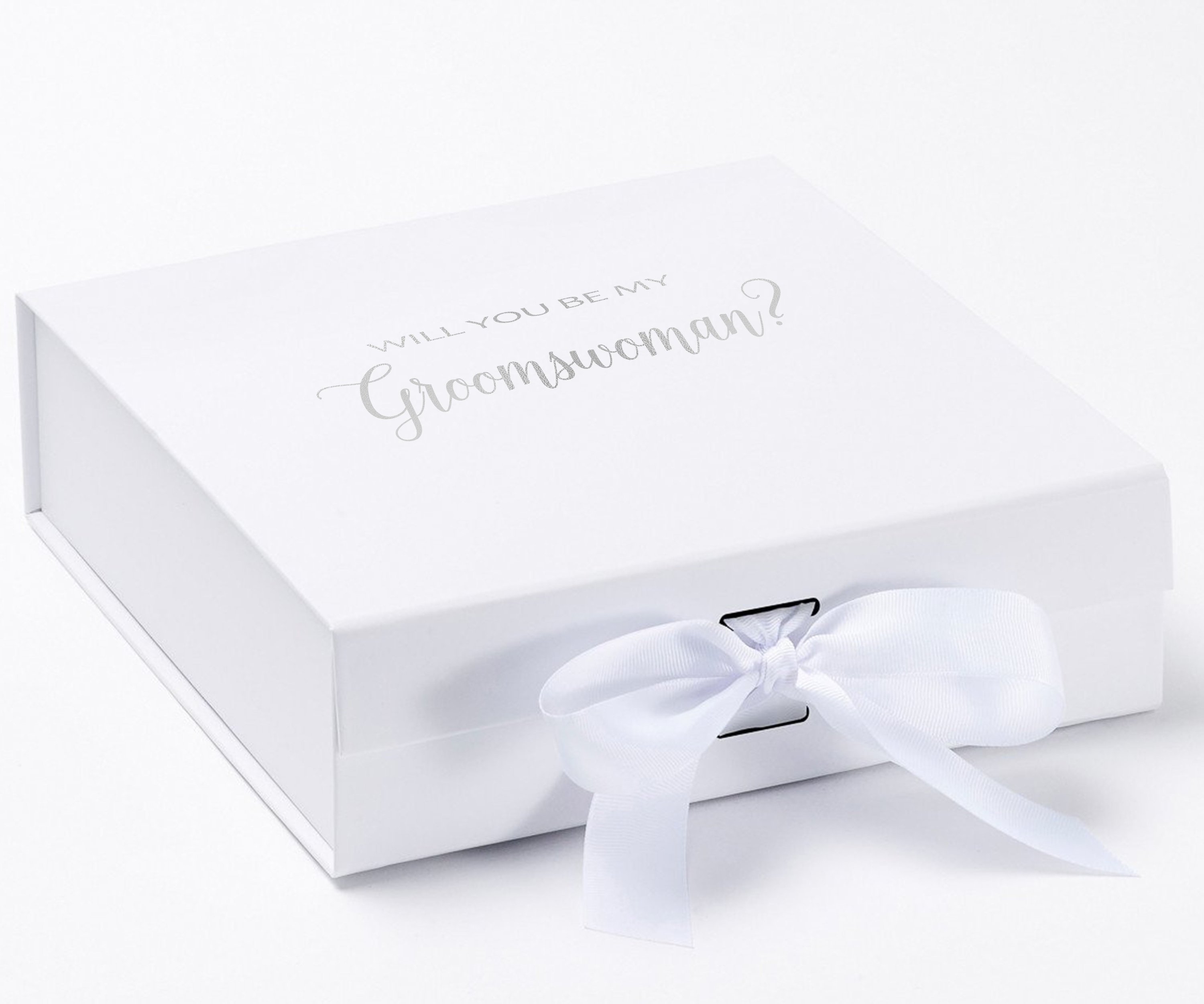 Elegant white proposal box with metallic writing, featuring a white bow and no border design.