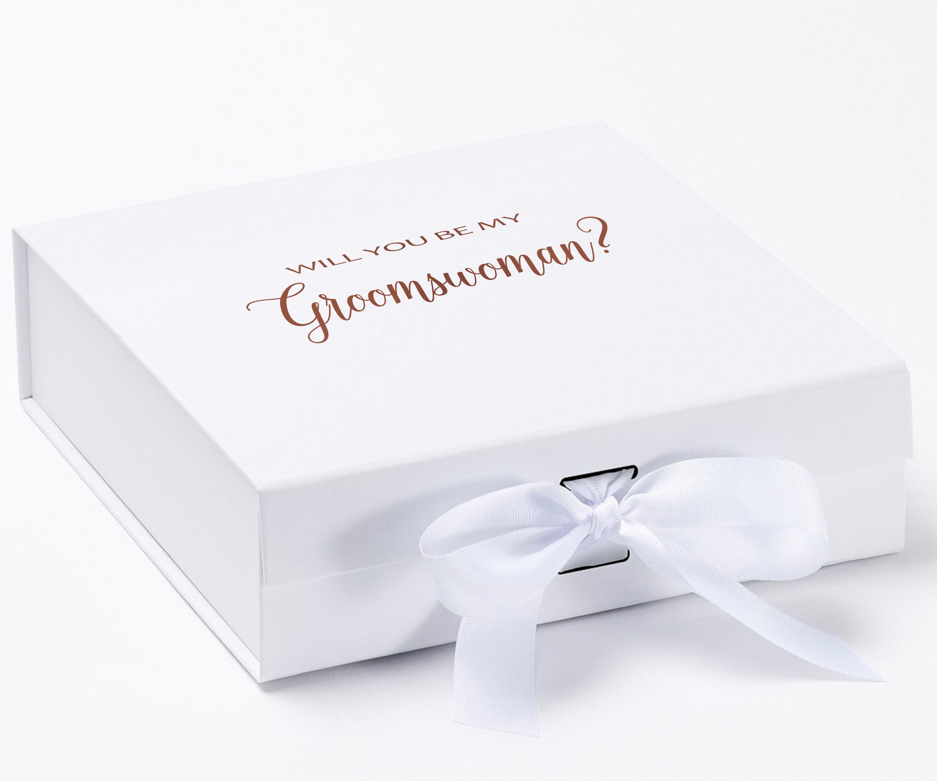 Elegant white proposal box with metallic writing, featuring a white bow and no border design.