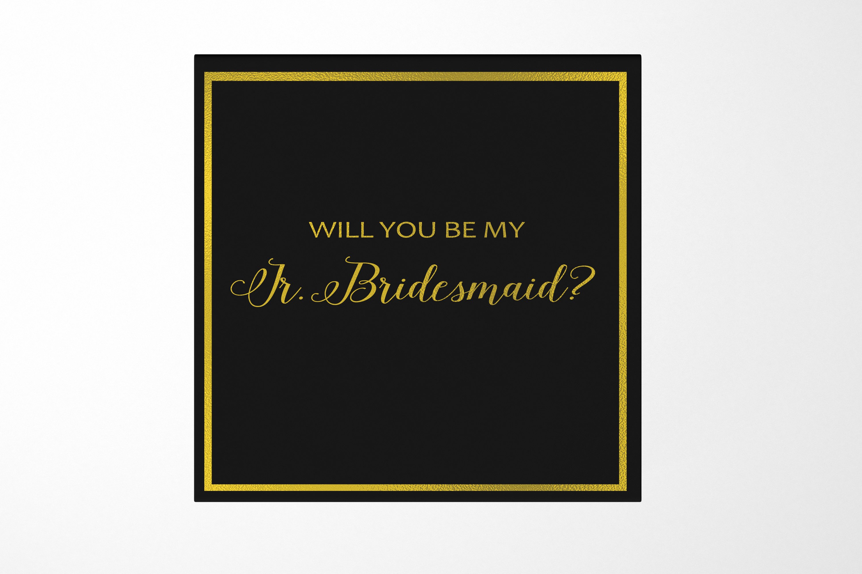 Elegant black proposal box with metallic writing for Jr Bridesmaid, featuring a sleek design and magnetic closure.