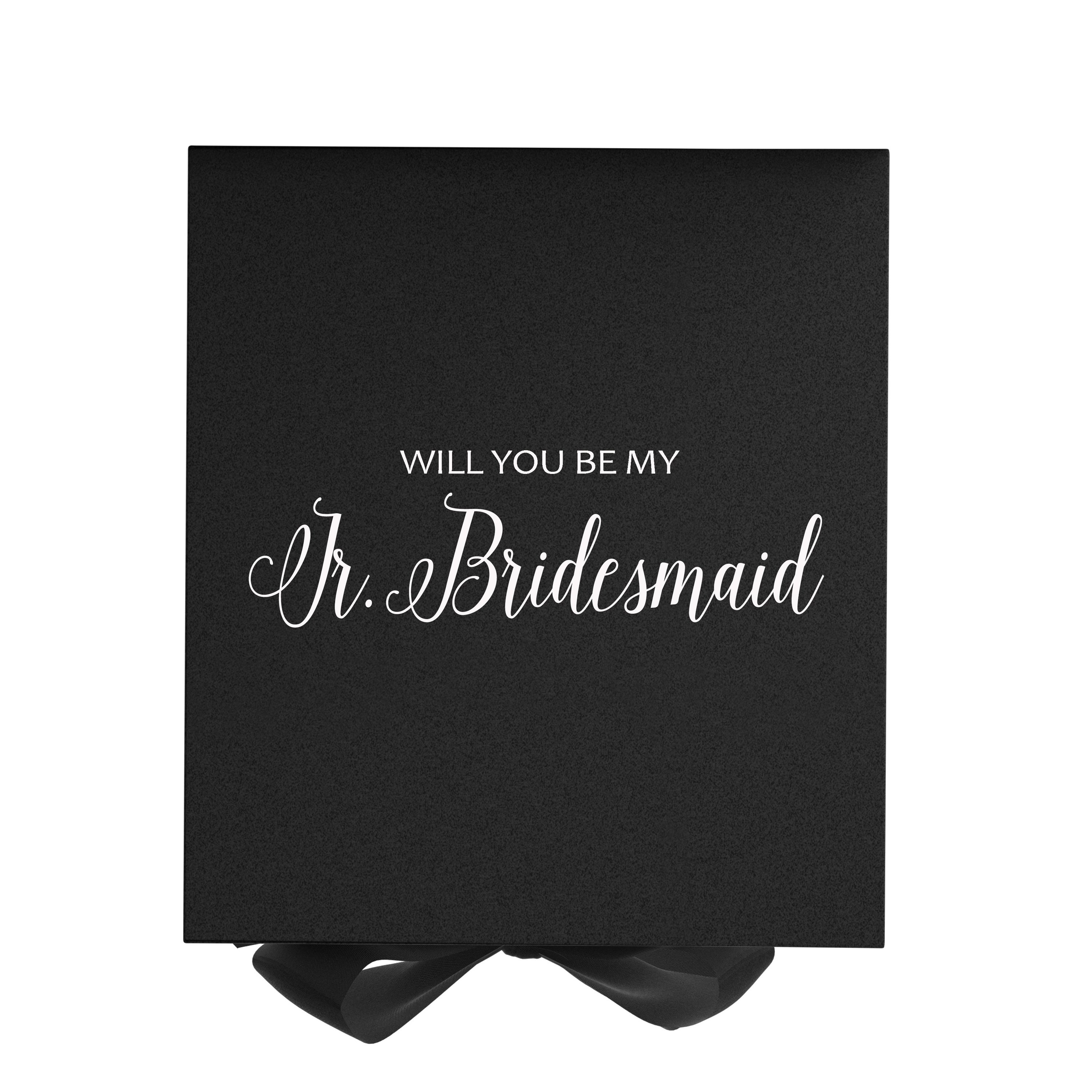 Elegant black proposal box with metallic writing and a black bow, designed for Jr Bridesmaid proposals.