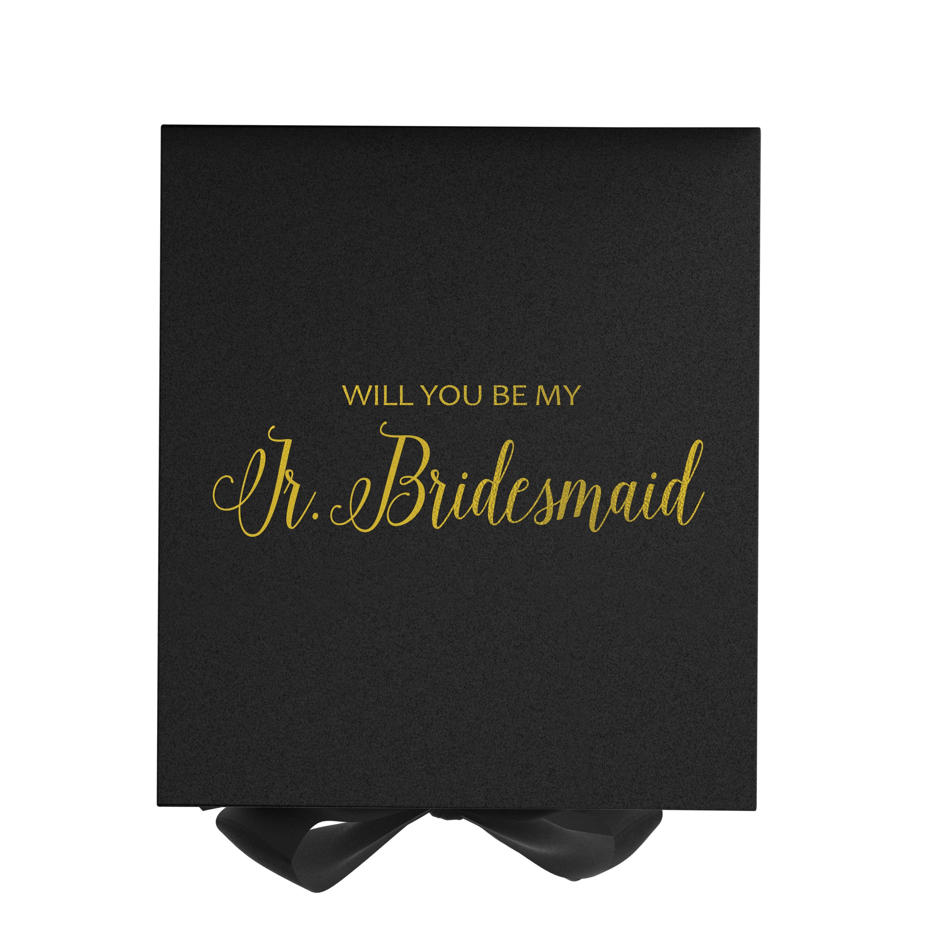 Elegant black proposal box with metallic writing and a black bow, designed for Jr Bridesmaid proposals.