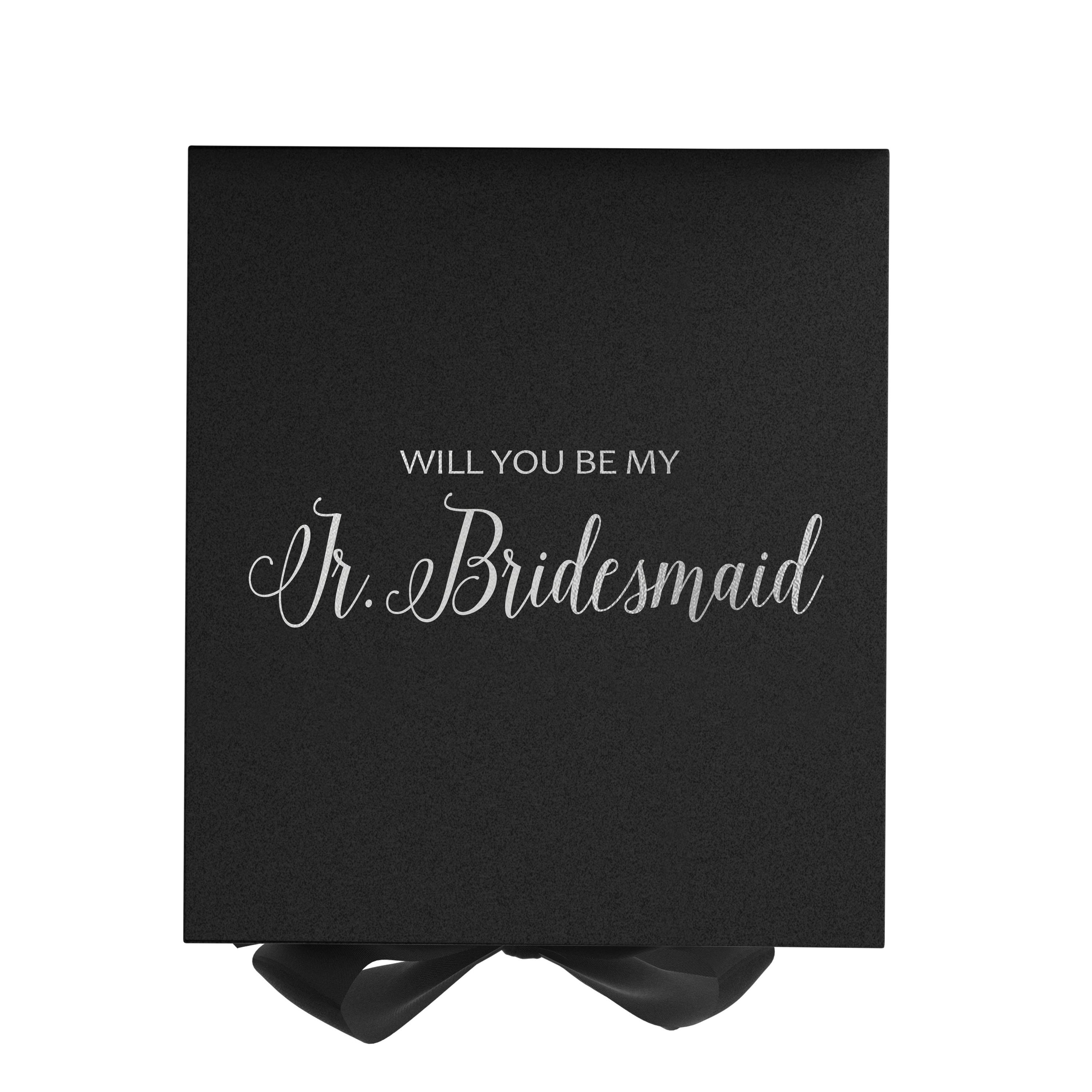 Elegant black proposal box with metallic writing and a black bow, designed for Jr Bridesmaid proposals.