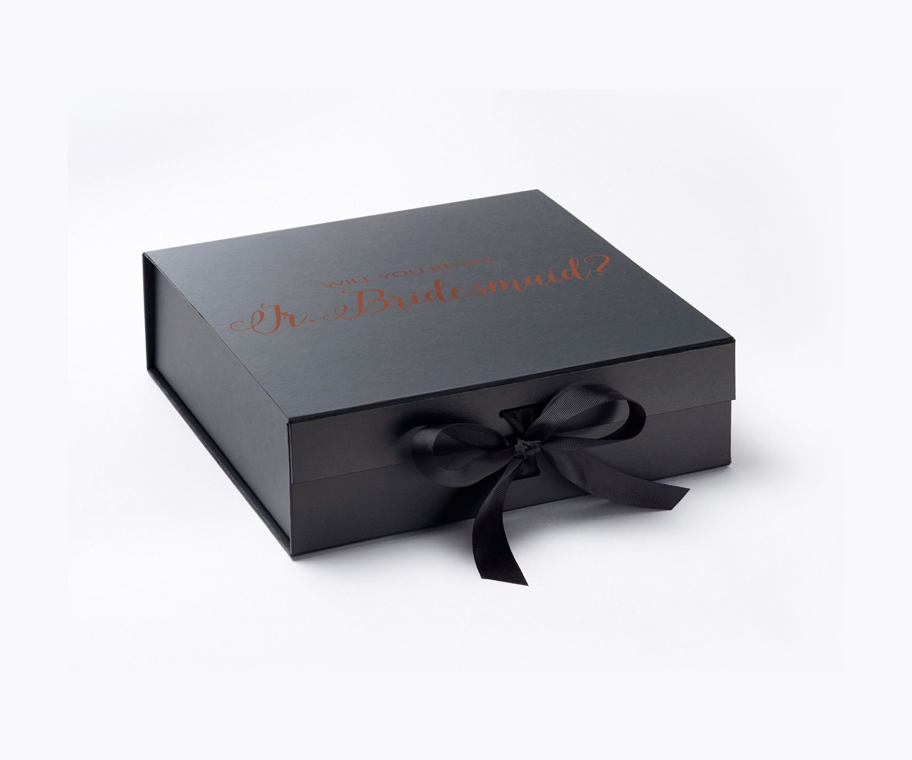 Elegant black proposal box with metallic writing and a black bow, designed for Jr Bridesmaid proposals.