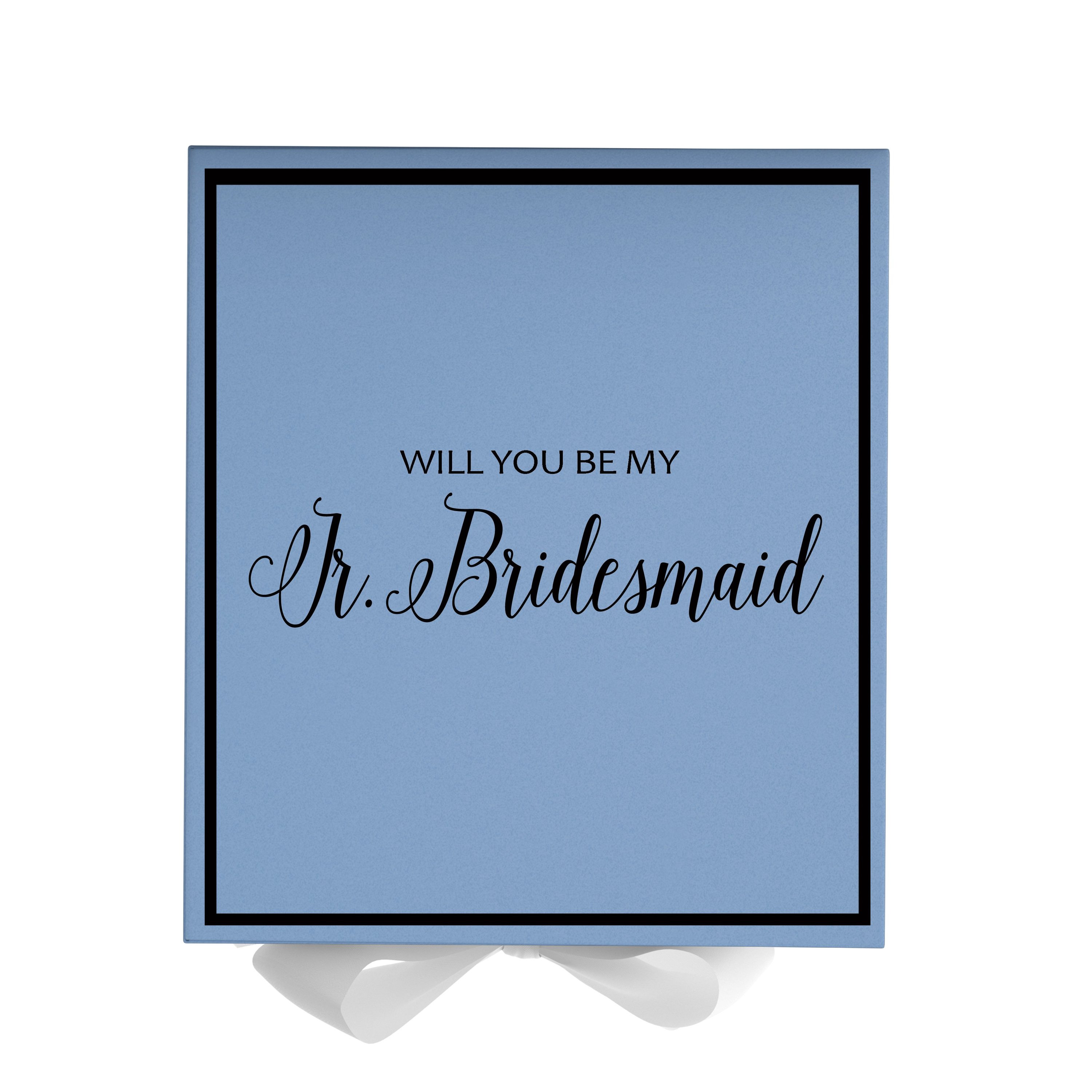 Light blue proposal box for junior bridesmaid with white bow and metallic writing on the lid, showcasing its elegant design.