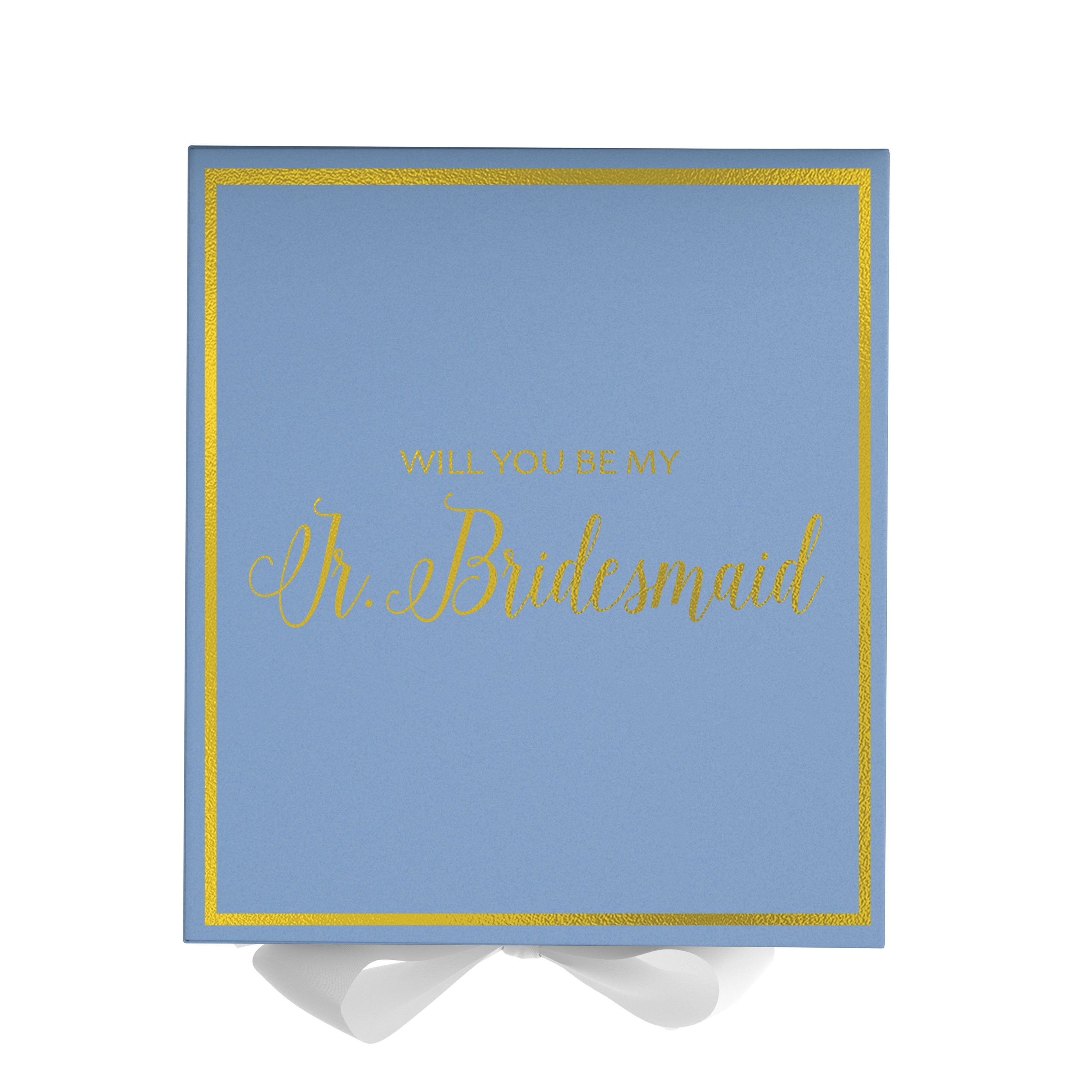 Light blue proposal box for junior bridesmaid with white bow and metallic writing on the lid, showcasing its elegant design.