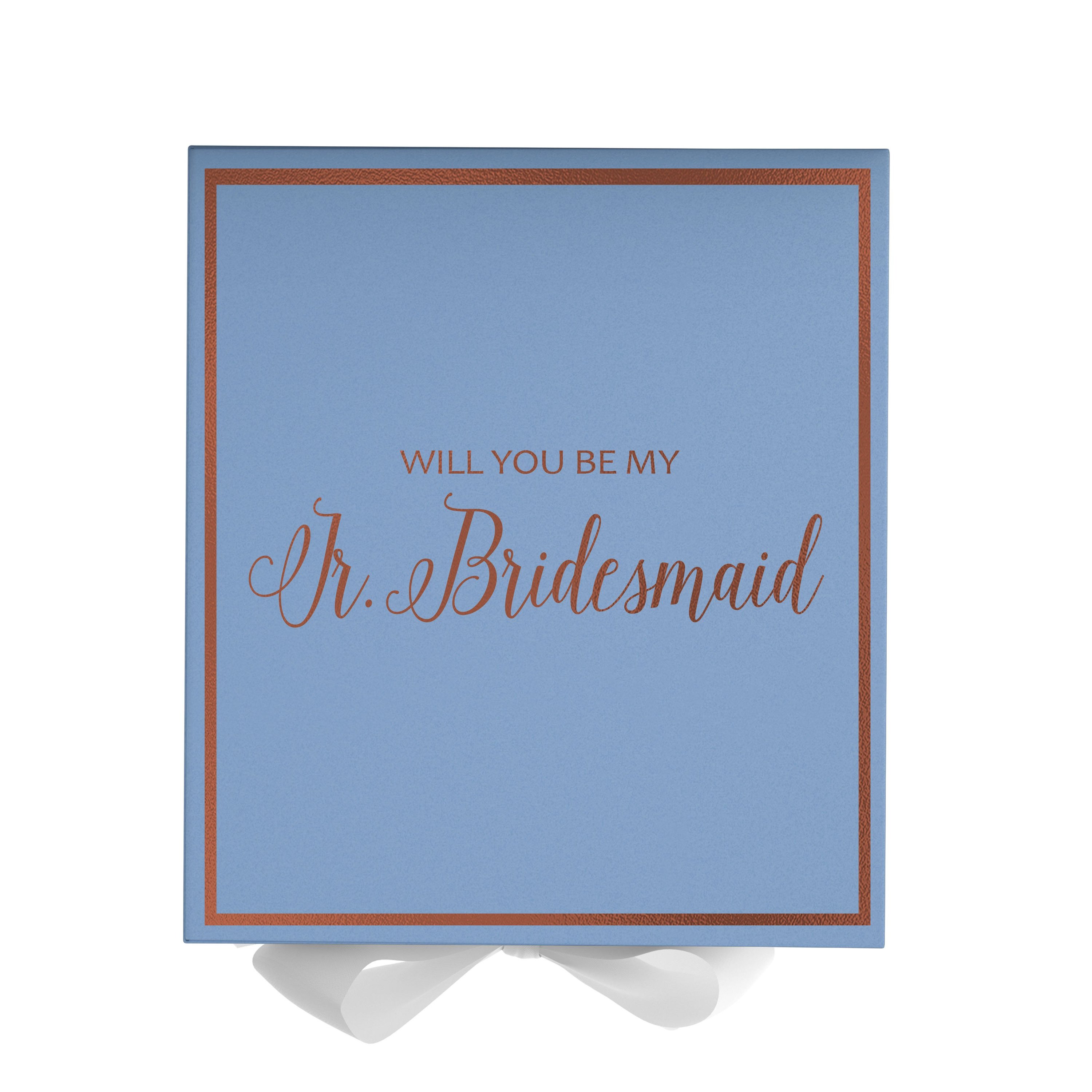 Light blue proposal box for junior bridesmaid with white bow and metallic writing on the lid, showcasing its elegant design.