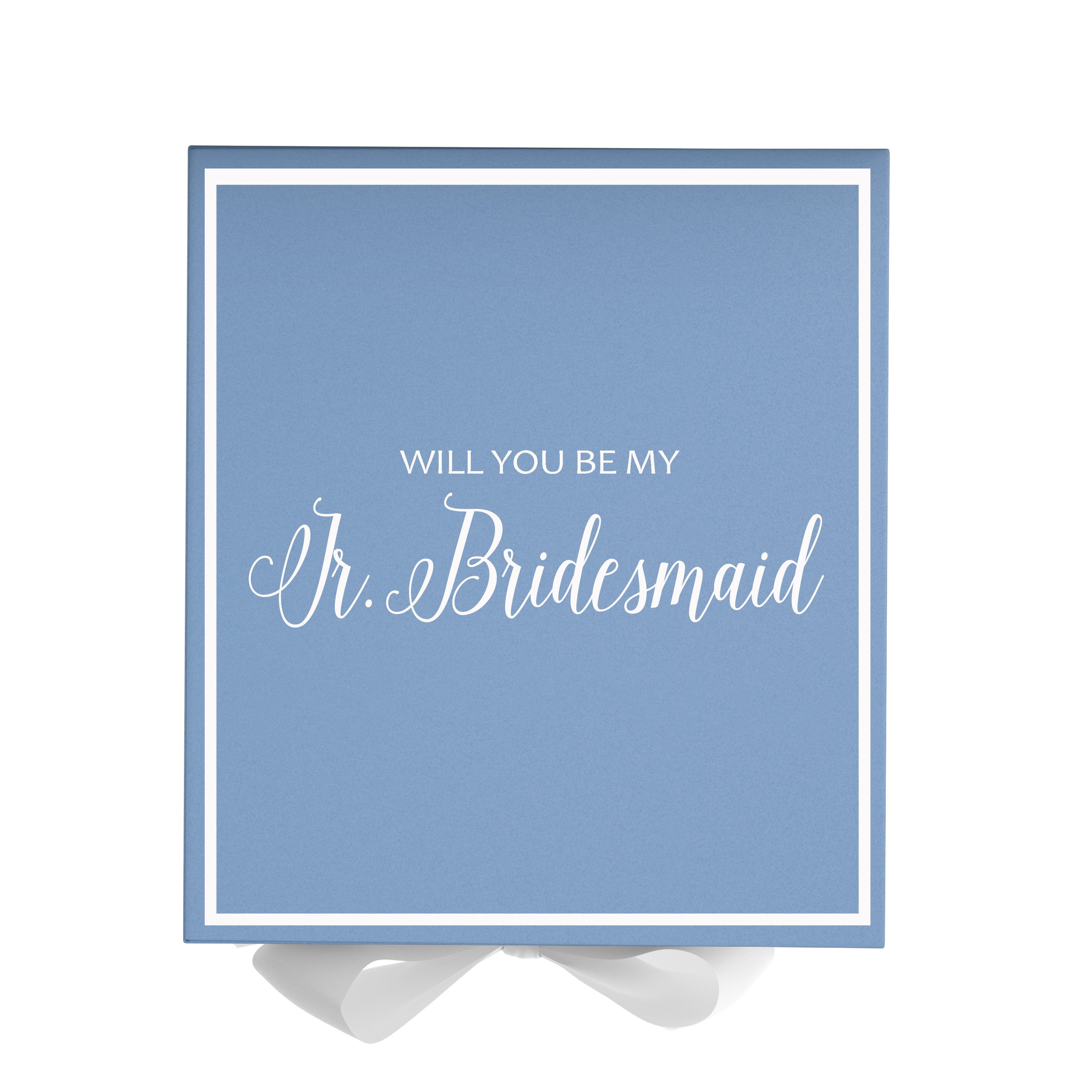 Light blue proposal box for junior bridesmaid with white bow and metallic writing on the lid, showcasing its elegant design.