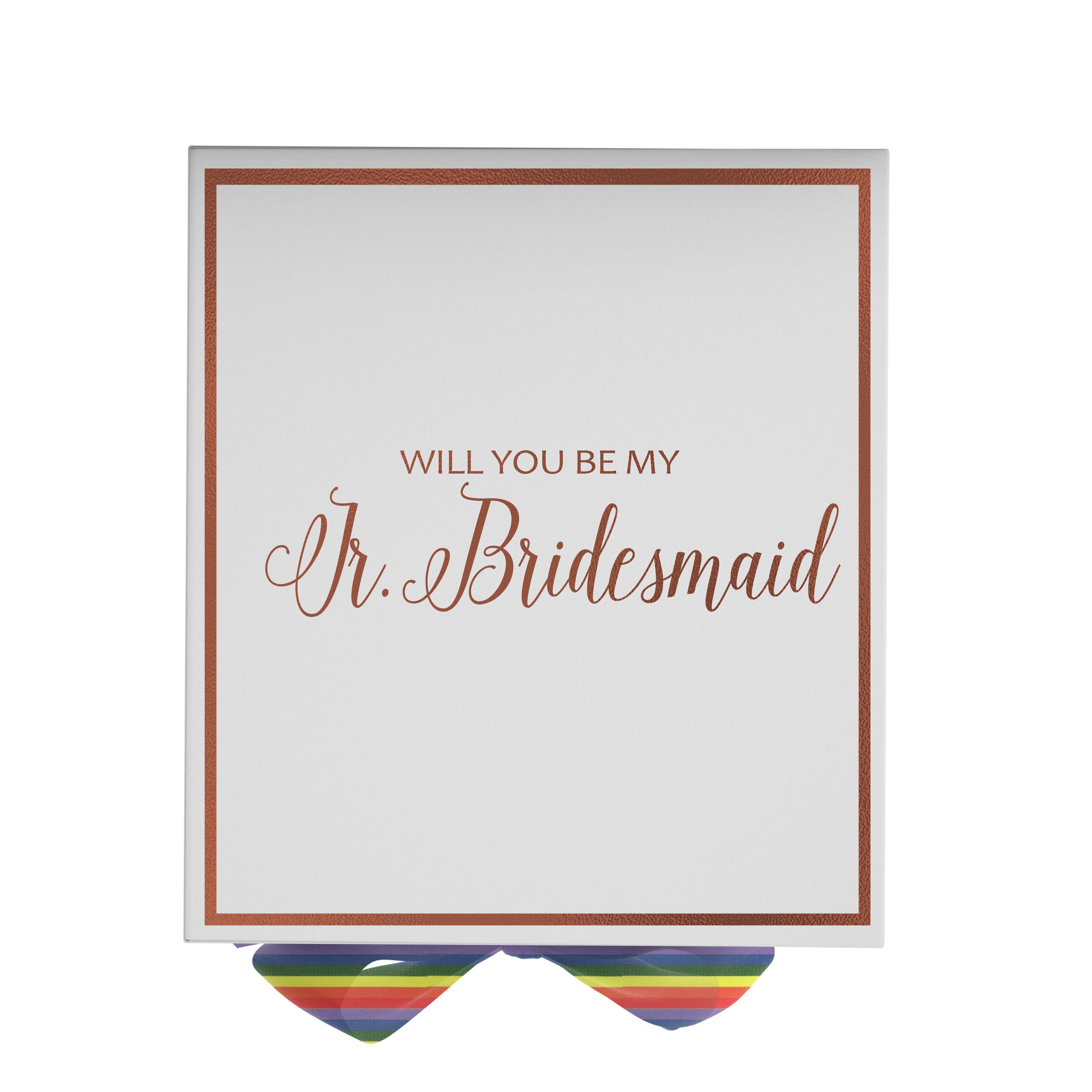 Elegant white proposal box with metallic writing and rainbow bow, perfect for junior bridesmaid invitation.