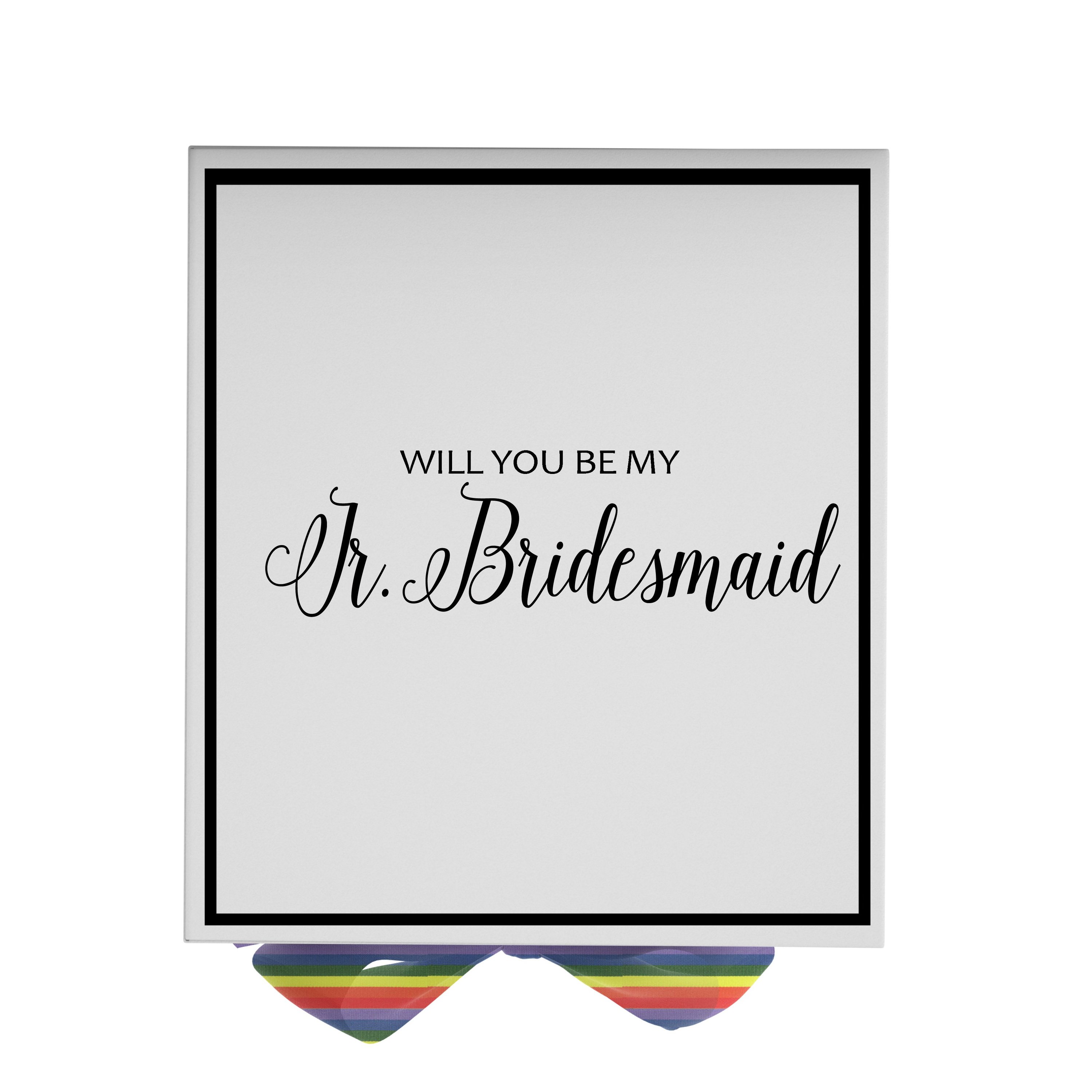 Elegant white proposal box with metallic writing and rainbow bow, perfect for junior bridesmaid invitation.