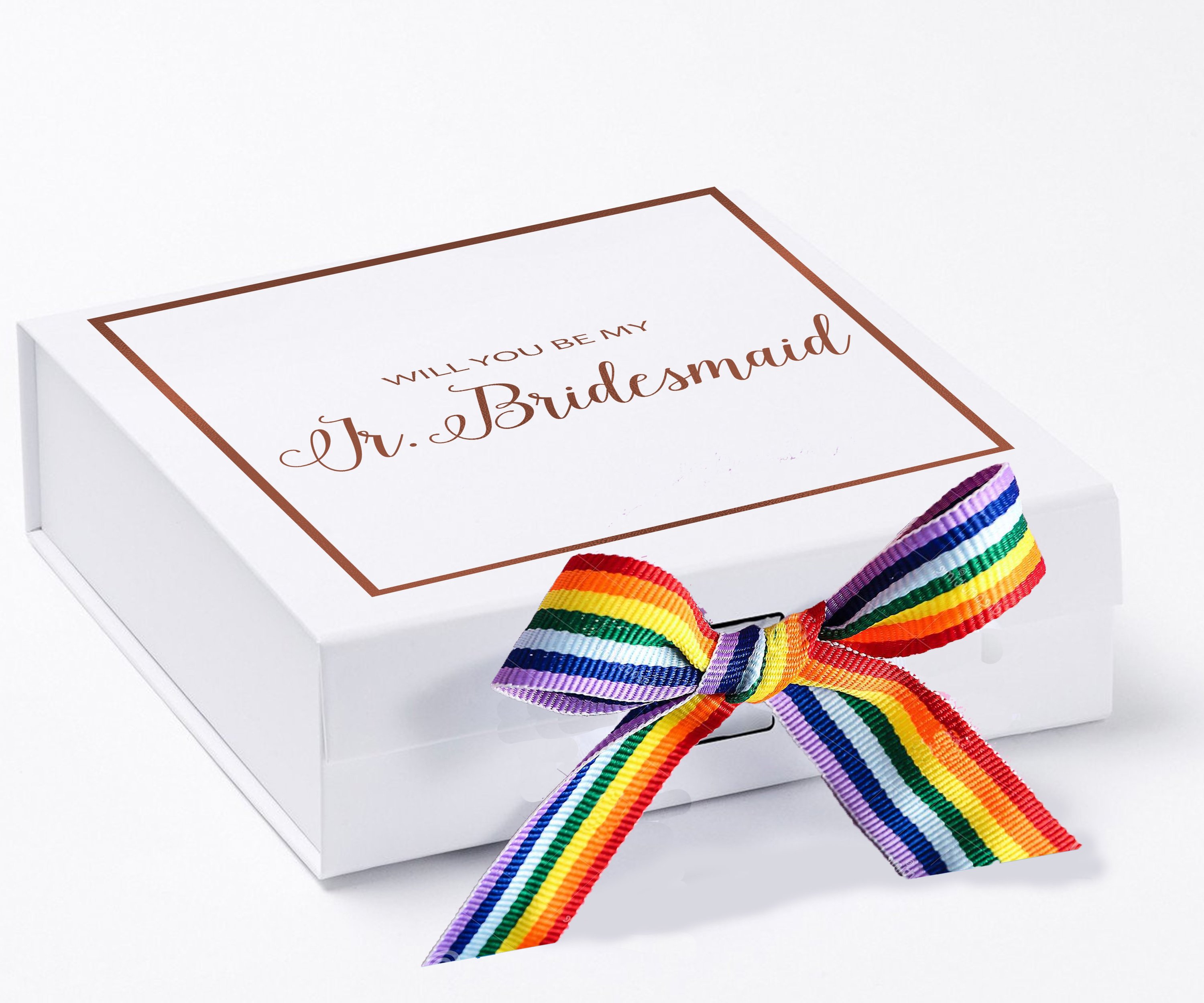 Elegant white proposal box with metallic writing and rainbow bow, perfect for junior bridesmaid invitation.