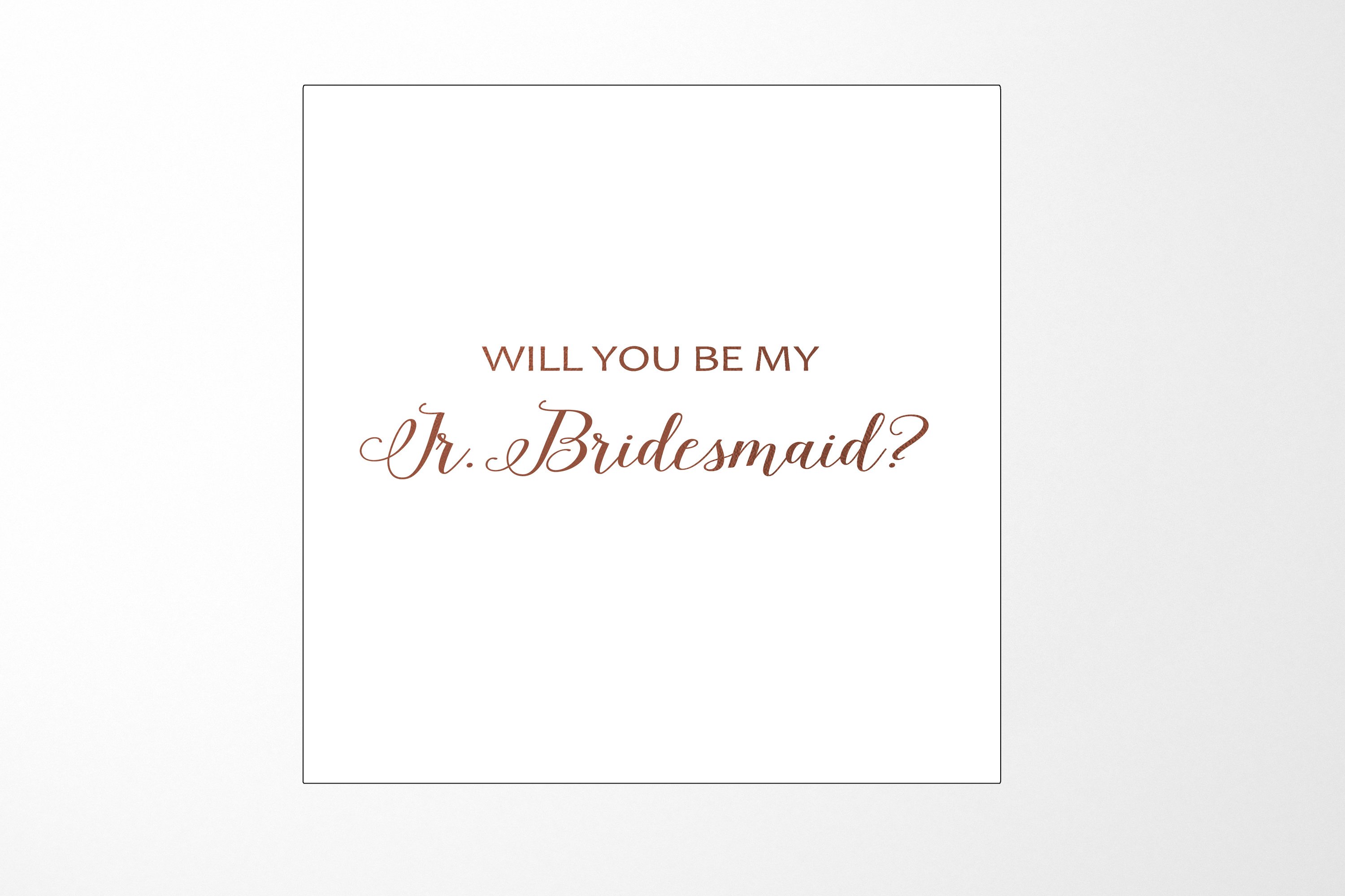 Elegant white proposal box with metallic writing for Jr Bridesmaid, showcasing a sleek design and quality craftsmanship.