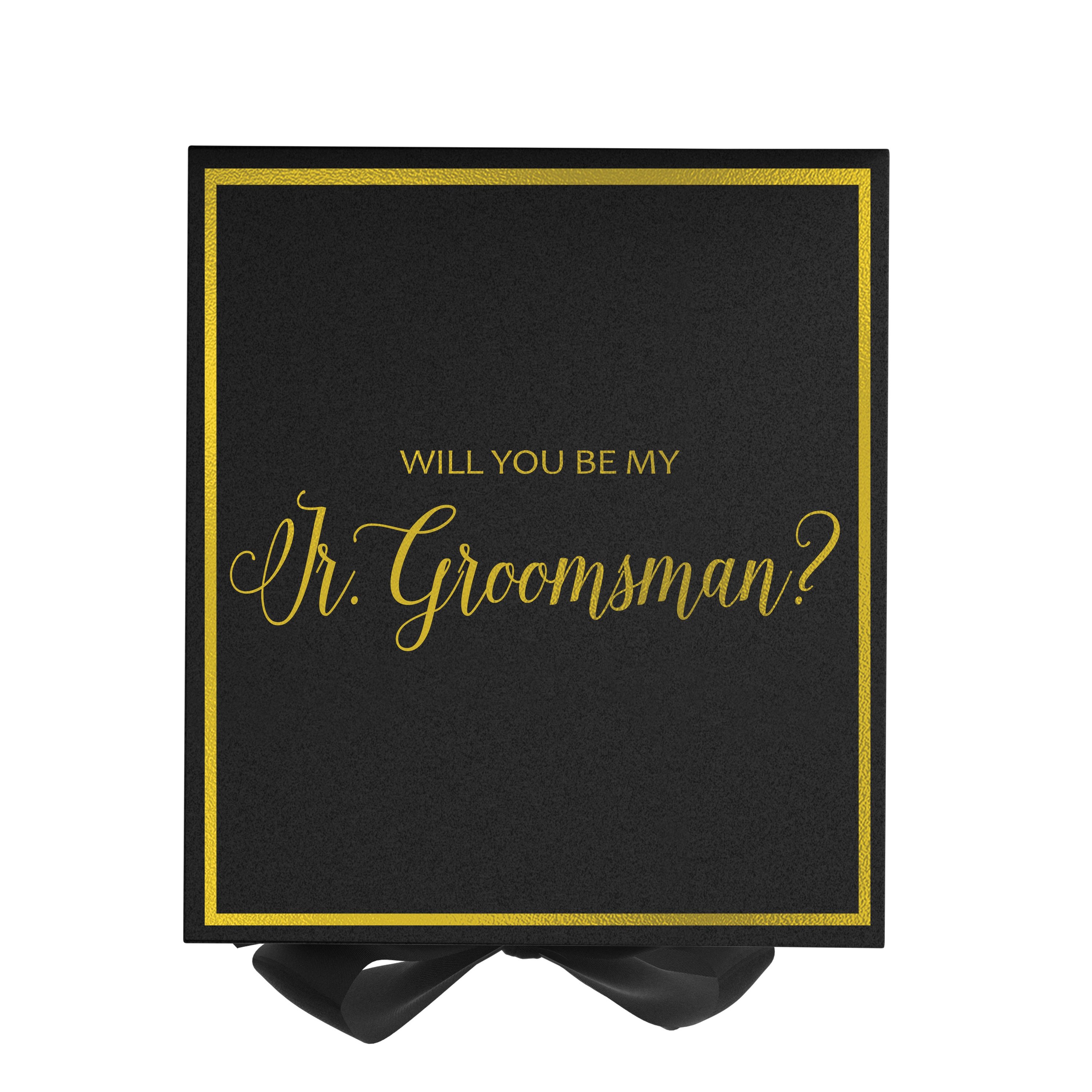 Elegant black proposal box for junior groomsman with metallic writing and bow, showcasing luxury design.