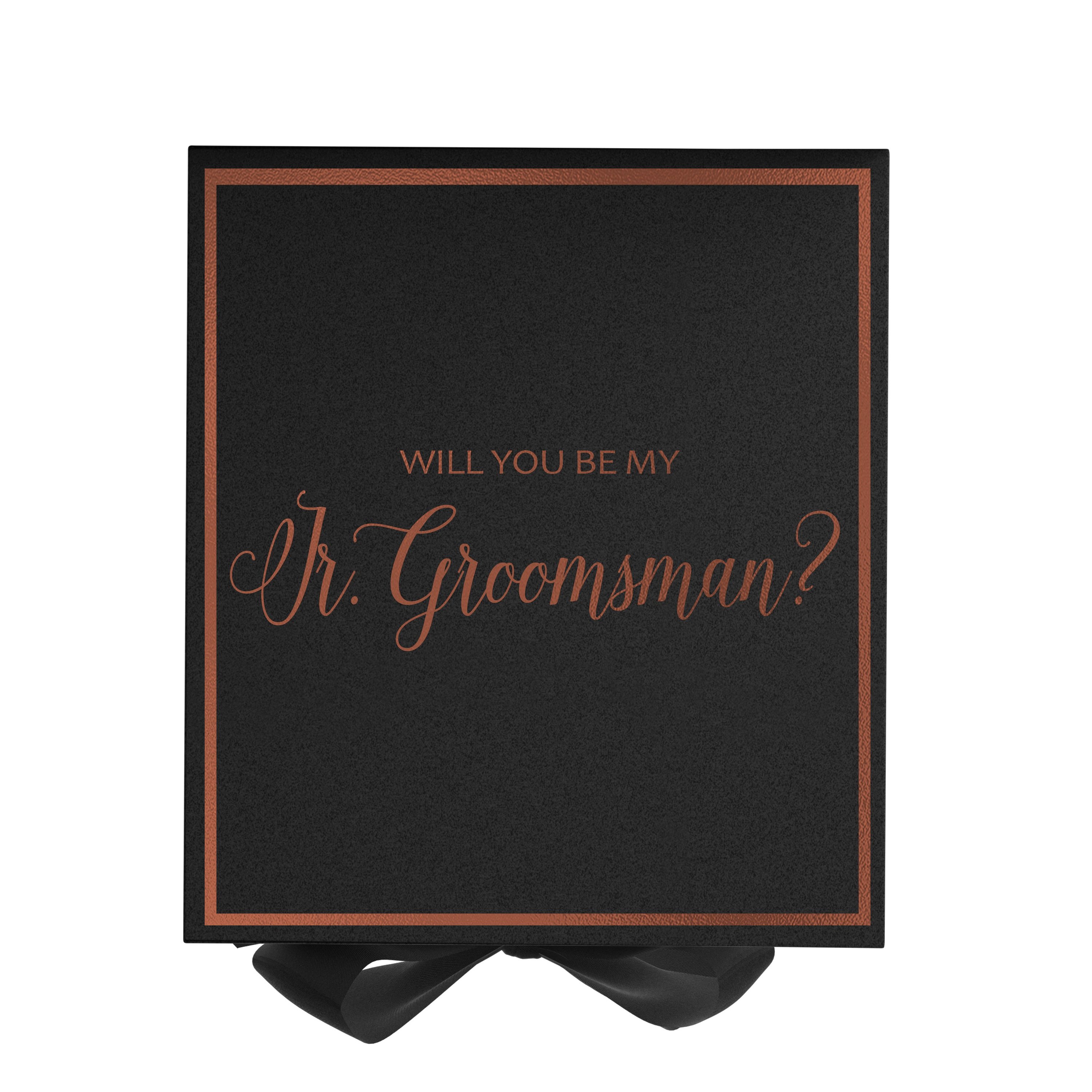 Elegant black proposal box for junior groomsman with metallic writing and bow, showcasing luxury design.