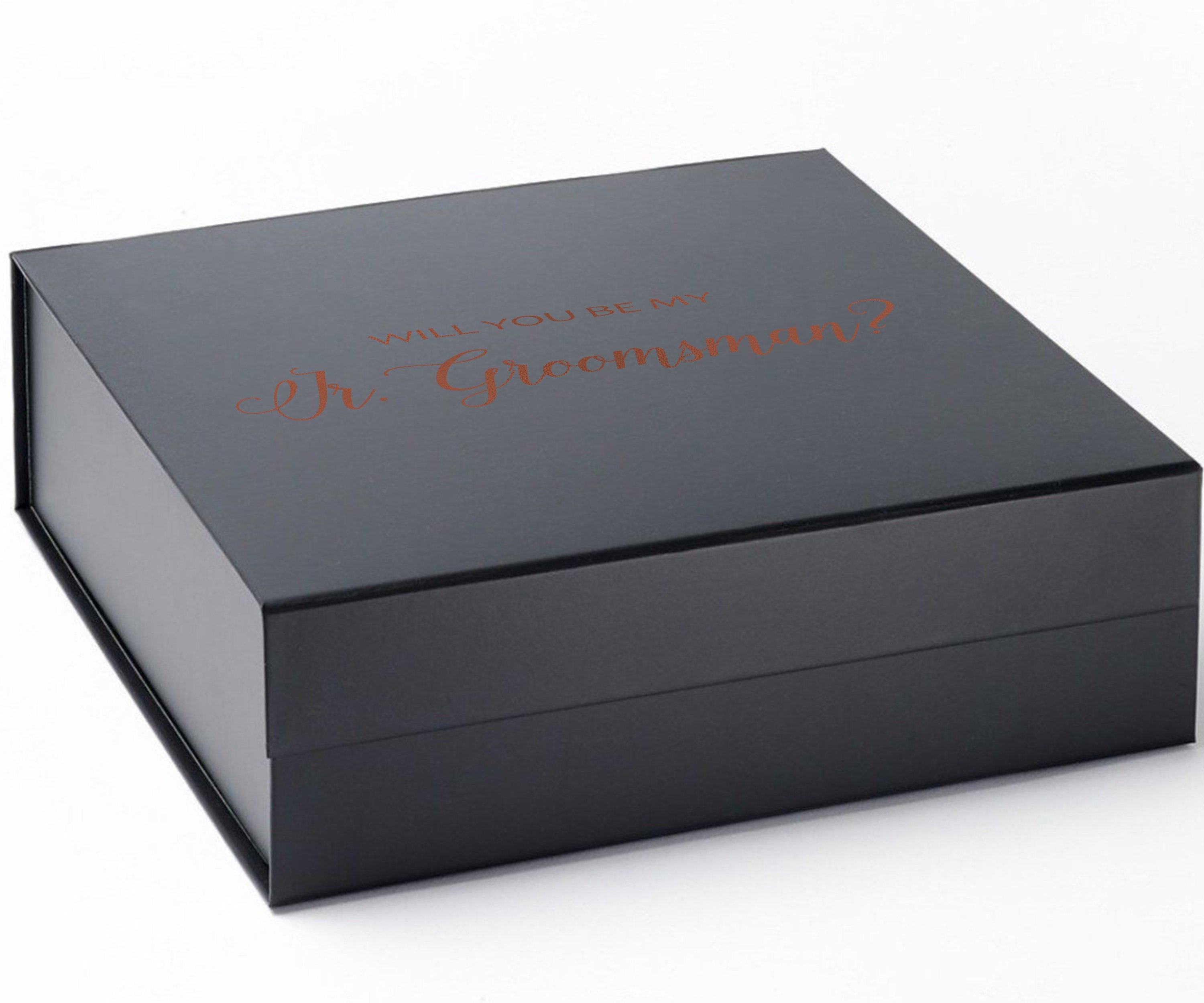 Elegant black proposal box for junior groomsman with metallic writing on the lid, showcasing a sleek design without borders.