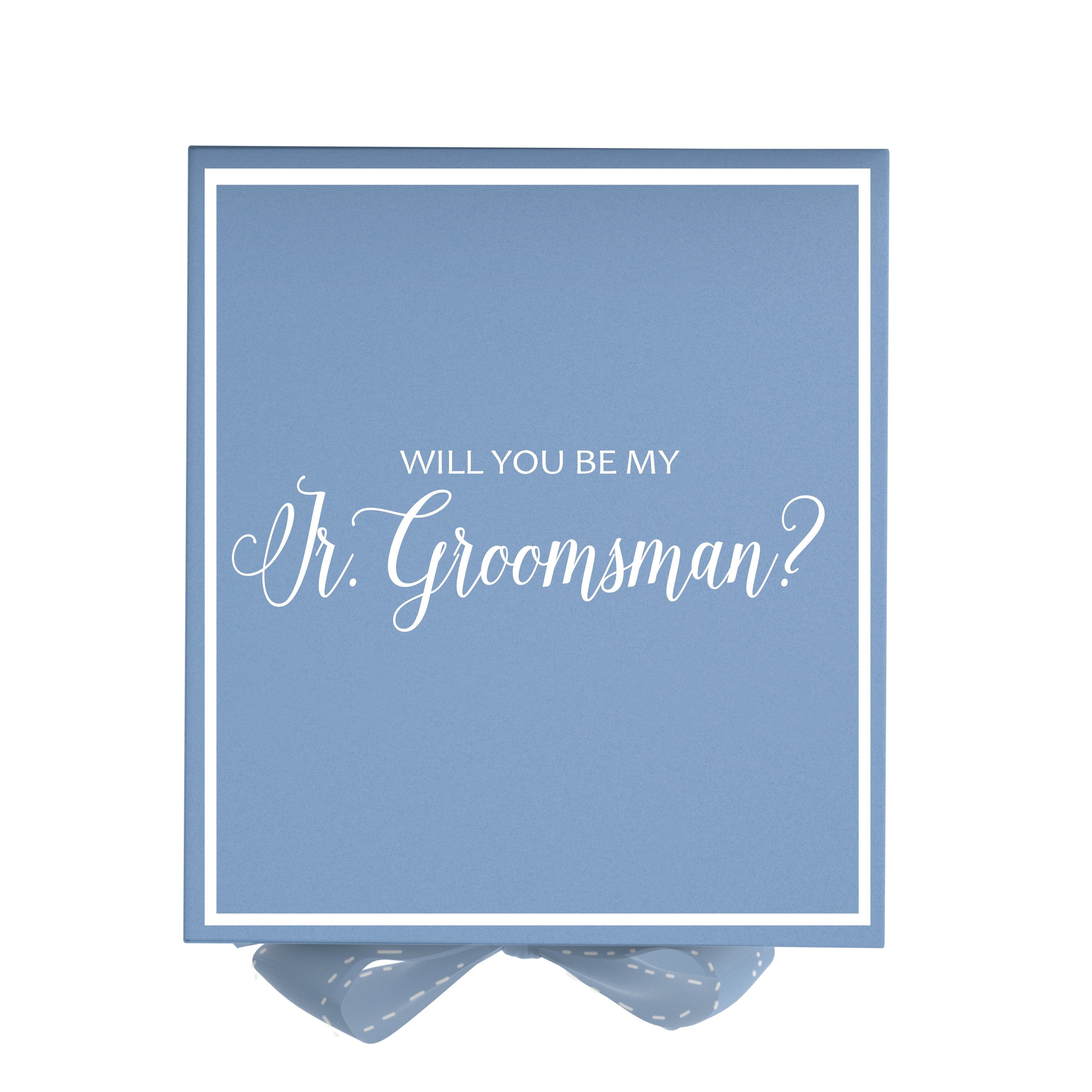 Light blue proposal box with metallic writing and bow, perfect for asking a junior groomsman.