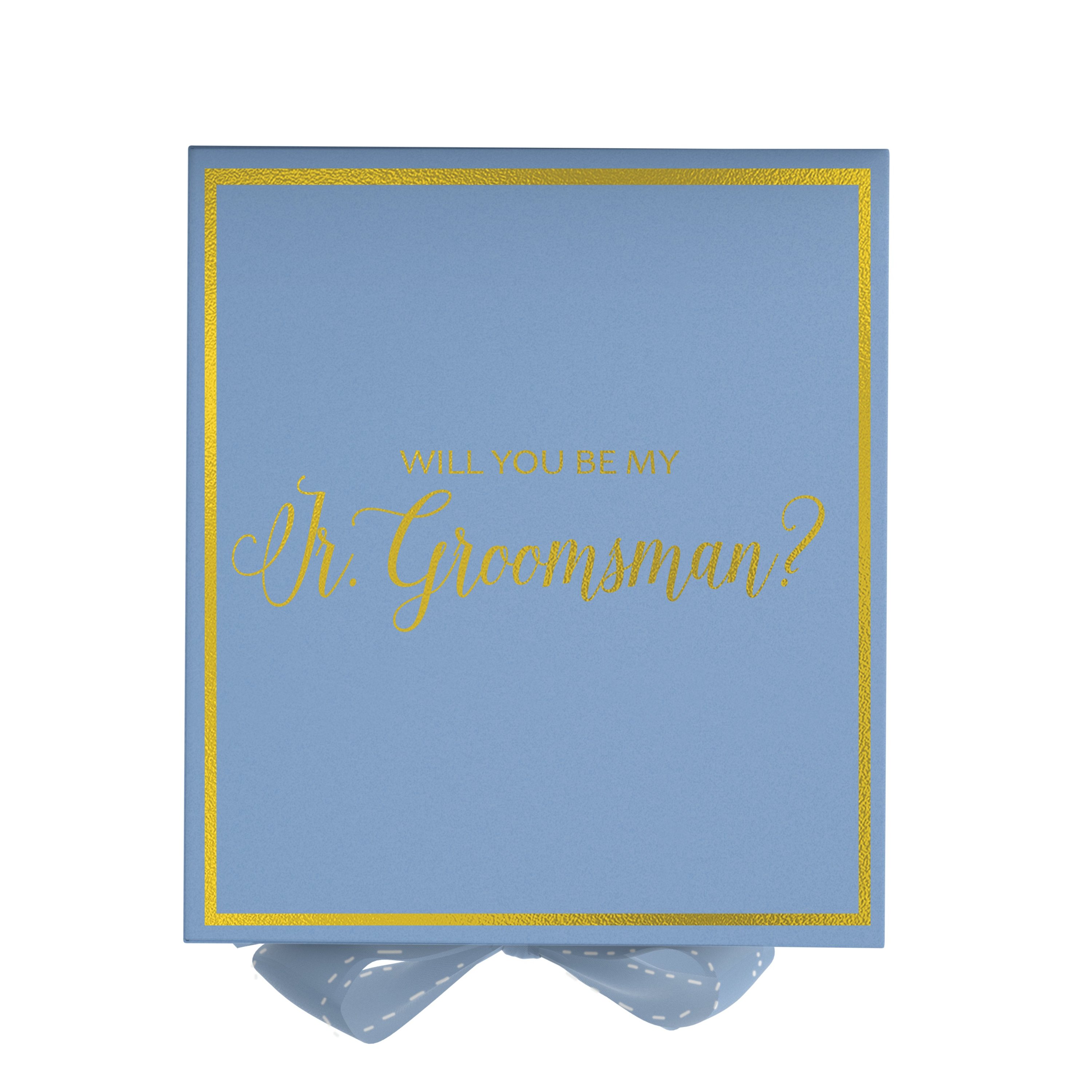 Light blue proposal box with metallic writing and bow, perfect for asking a junior groomsman.