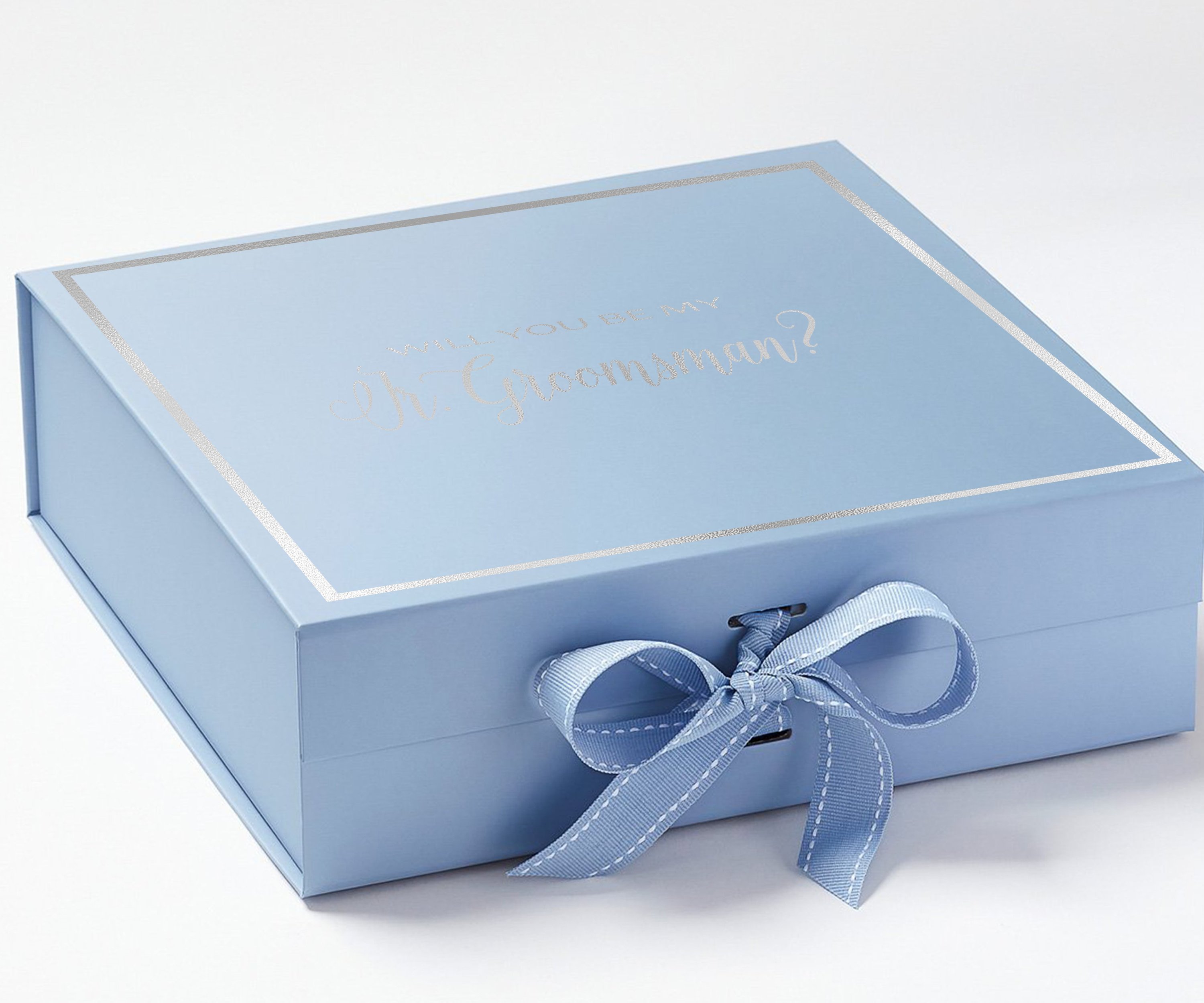 Light blue proposal box with metallic writing and bow, perfect for asking a junior groomsman.