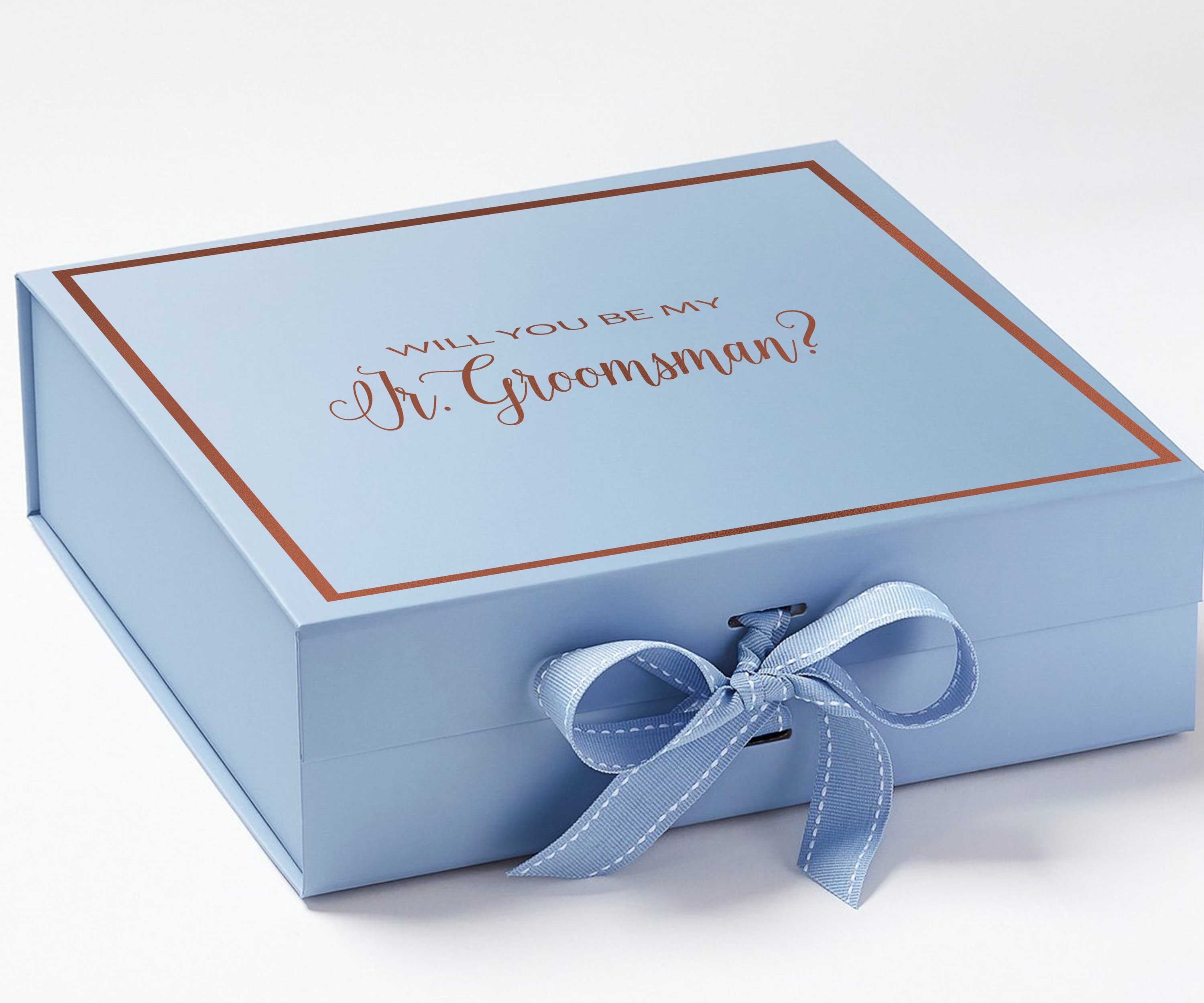 Light blue proposal box with metallic writing and bow, perfect for asking a junior groomsman.