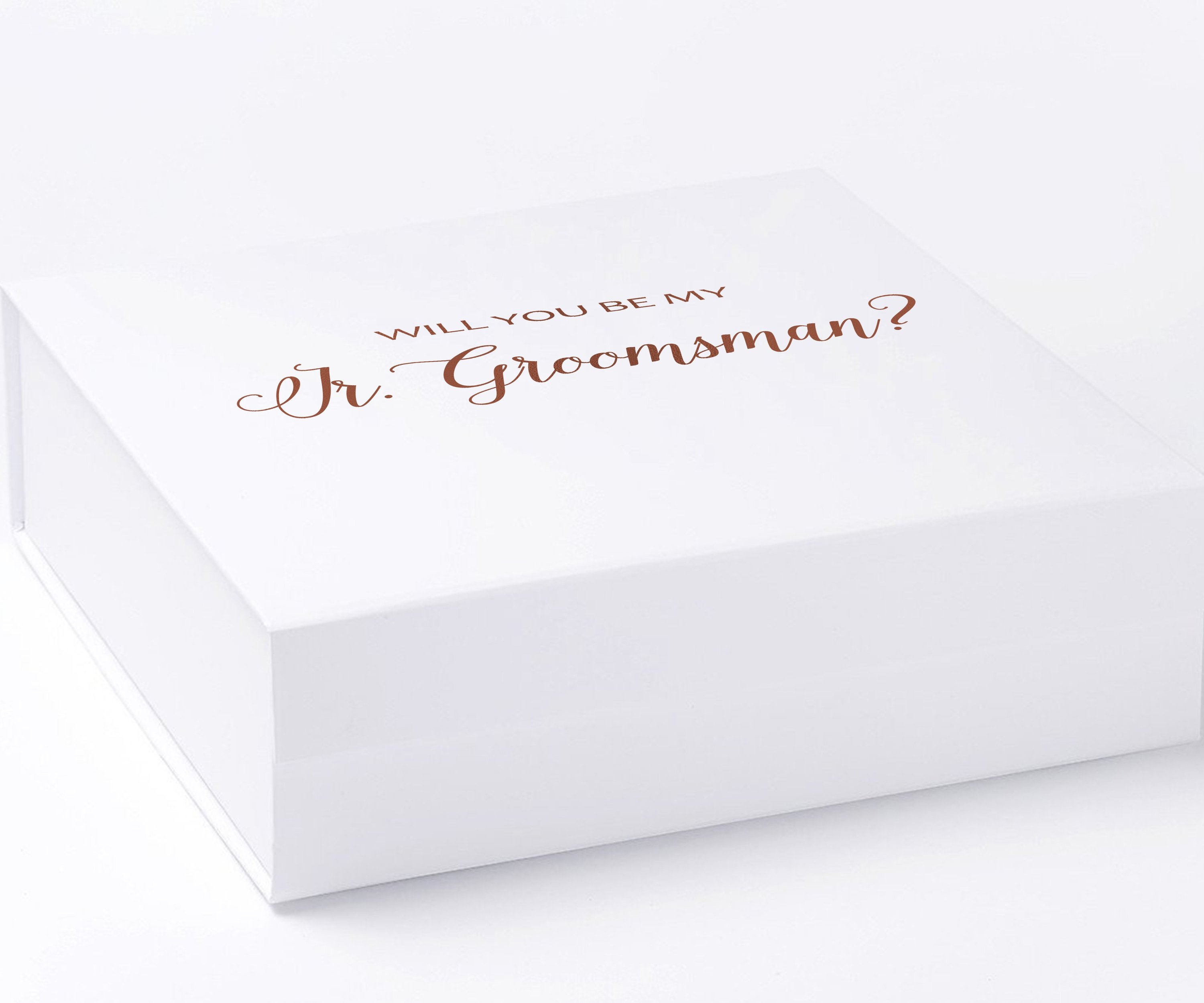 Elegant white proposal box with metallic writing for junior groomsman invitation, showcasing a sleek design and quality finish.