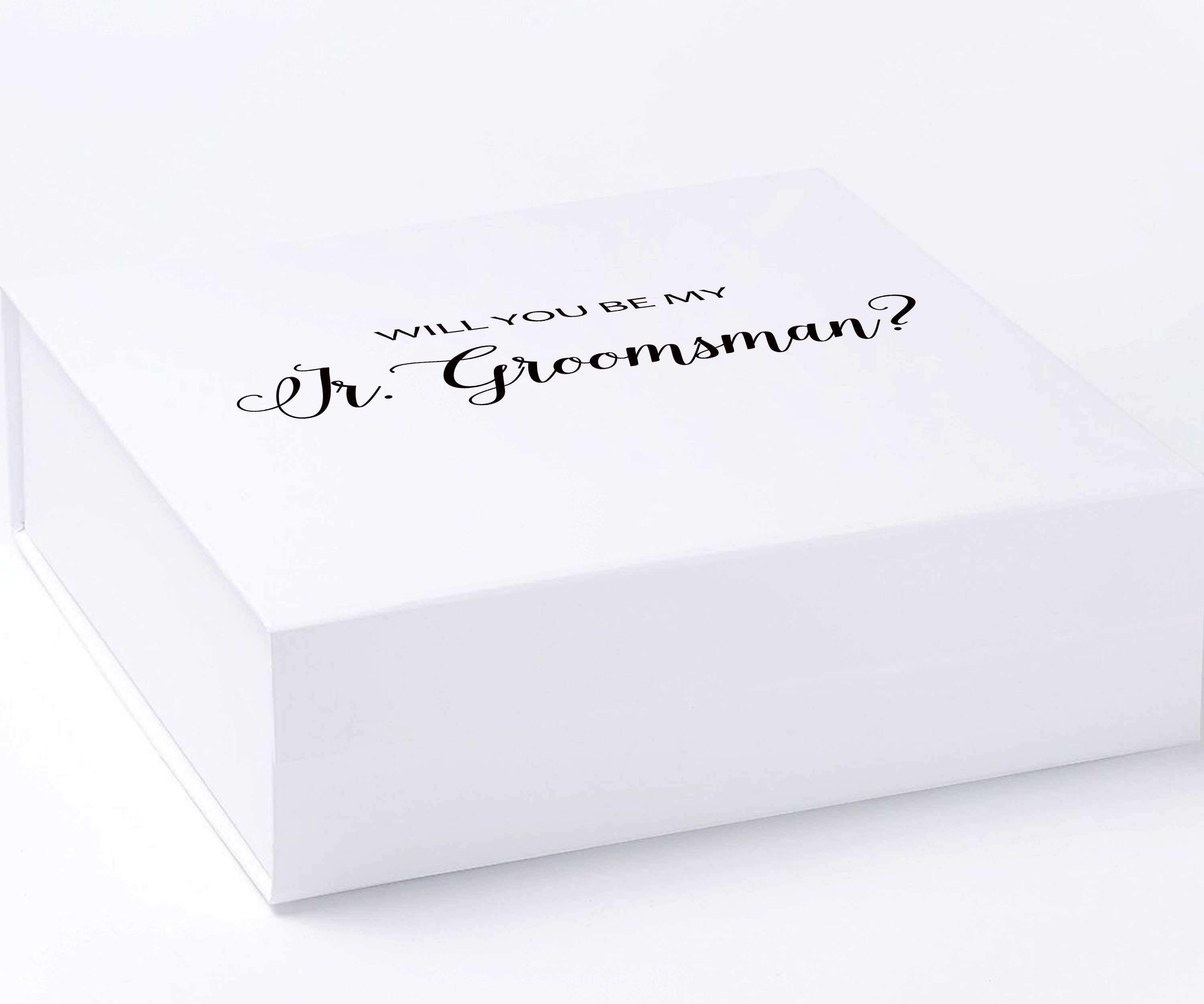 Elegant white proposal box with metallic writing for junior groomsman invitation, showcasing a sleek design and quality finish.