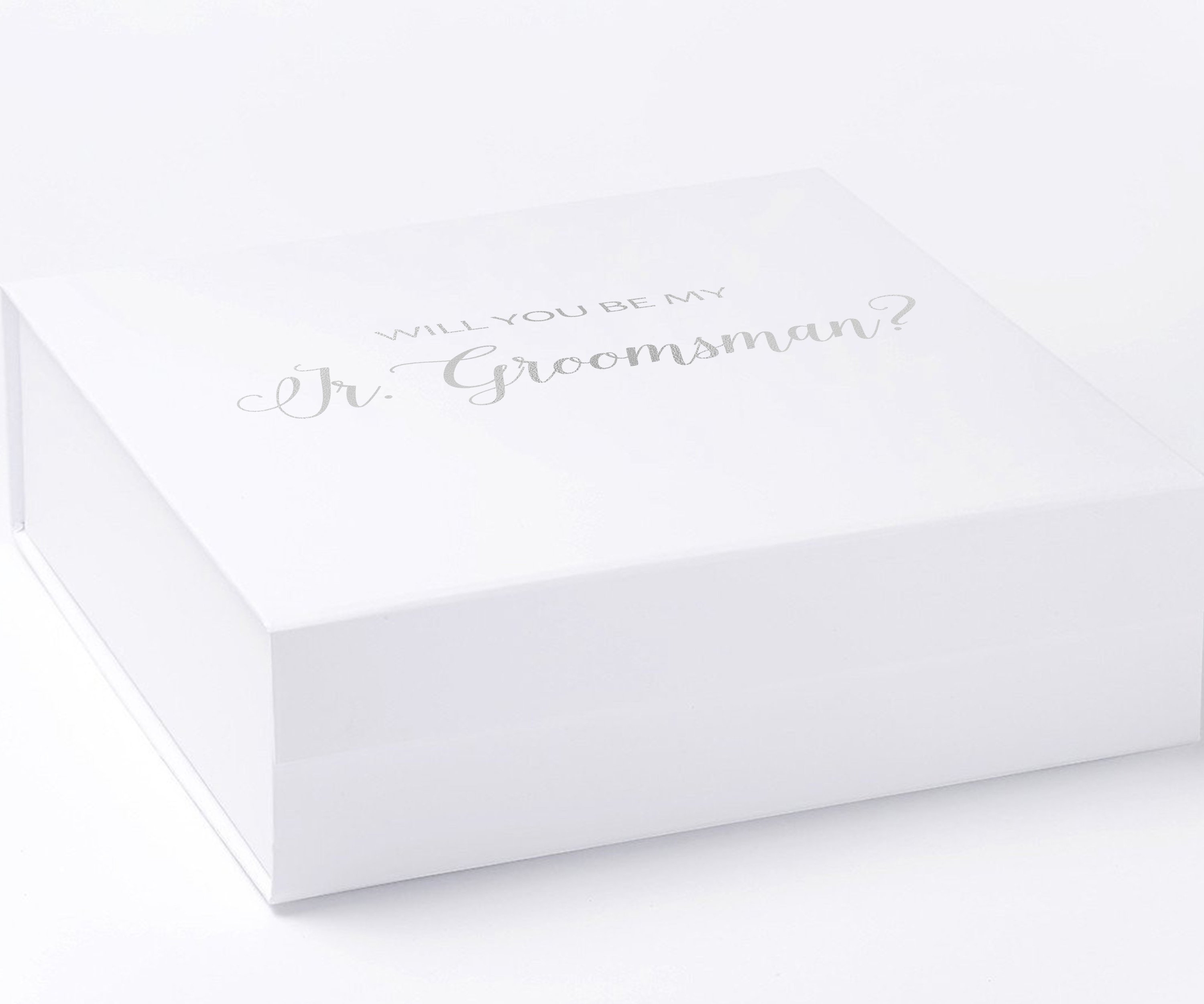 Elegant white proposal box with metallic writing for junior groomsman invitation, showcasing a sleek design and quality finish.